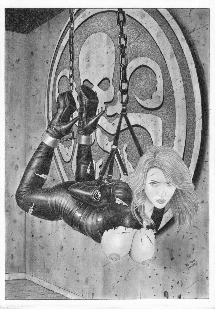 1girls, big breasts, black widow (marvel), blood, bondage, breasts, breasts out, captured, captured heroine, female, female only, femsub, high heels, marvel, marvel cinematic universe, marvel comics, monochrome, nipple piercing, nipples, scarlett johansson, scratches, solo, suspension, tim grayson, torn clothes, traditional media (artwork)