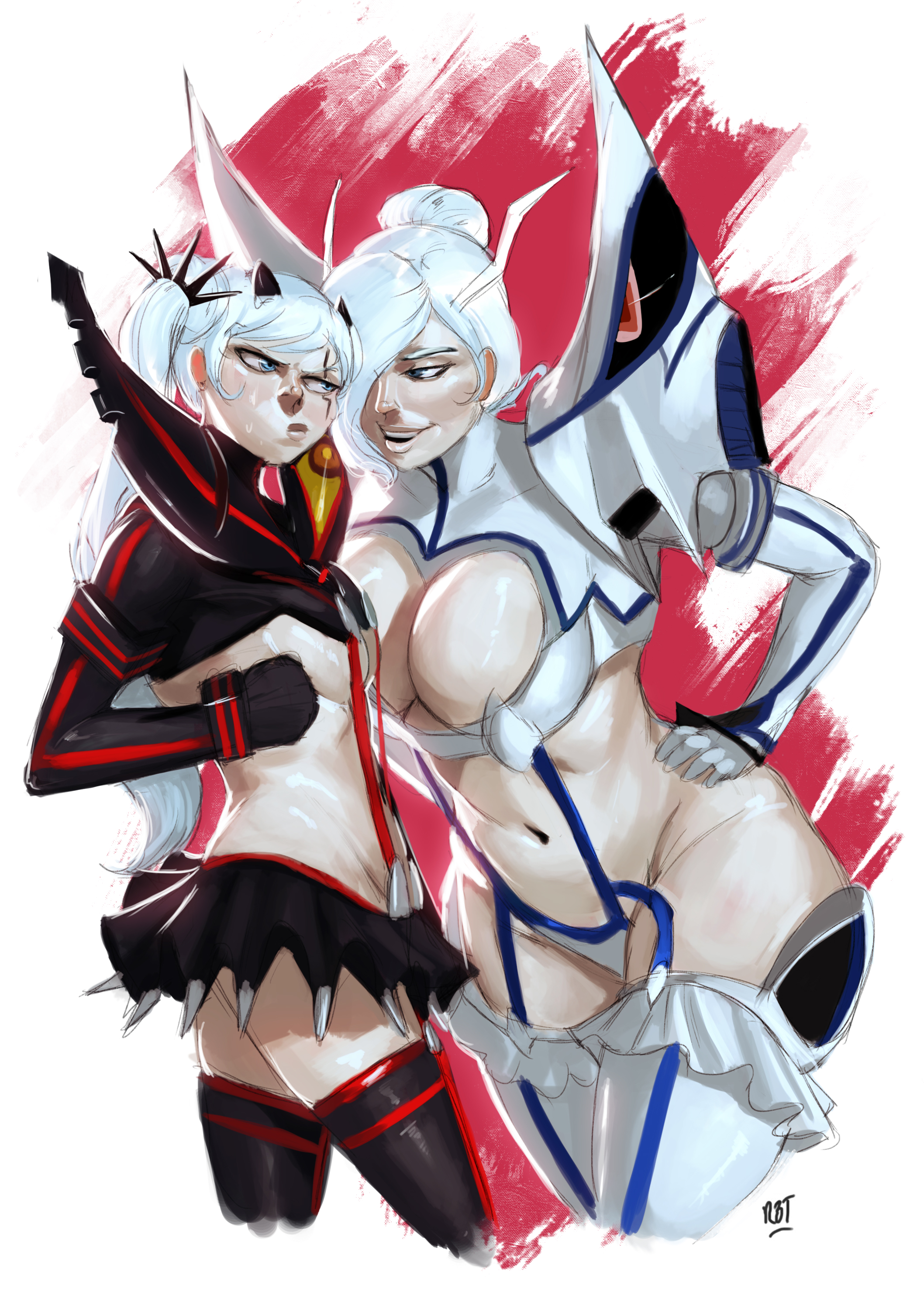 2girls, angry, big breasts, boots, breasts, busty, cleavage, competition, cosplay, crossover, female, female only, hair bun, hourglass figure, huge breasts, junketsu, kill la kill, kiryuuin satsuki (cosplay), large breasts, lingerie, long hair, matoi ryuuko (cosplay), multiple females, multiple girls, redblacktac, rwby, senketsu, sisters, voluptuous, weiss schnee, white hair, wide hips, winter schnee