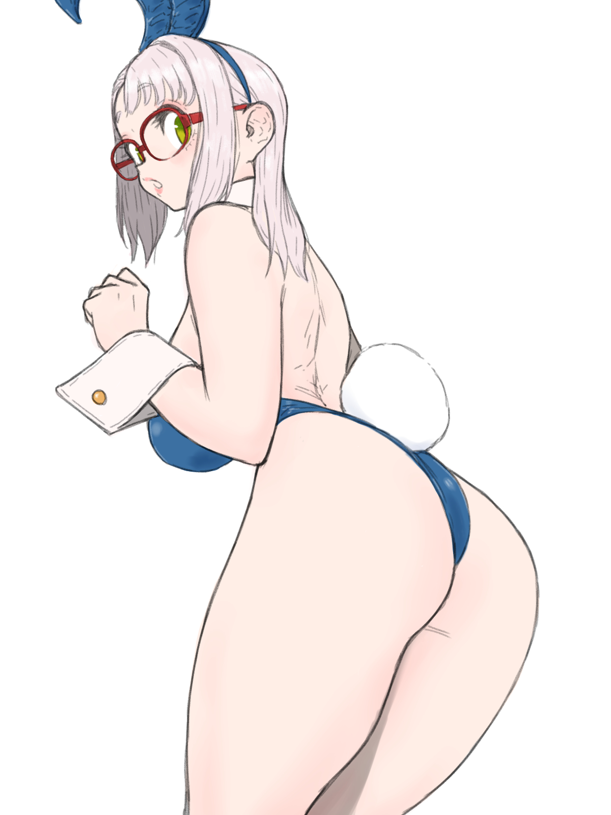 1girls, ass, ass bigger than head, back, back view, big ass, big breasts, big eyes, breasts, bunny ears, bunny girl, bunny tail, female, female only, glasses, gloves, goddess of victory: nikke, looking at viewer, neon (nikke), pale skin, pale-skinned female, red glasses, tagme, thick thighs, thighs, toshinoshin00, white background, white hair