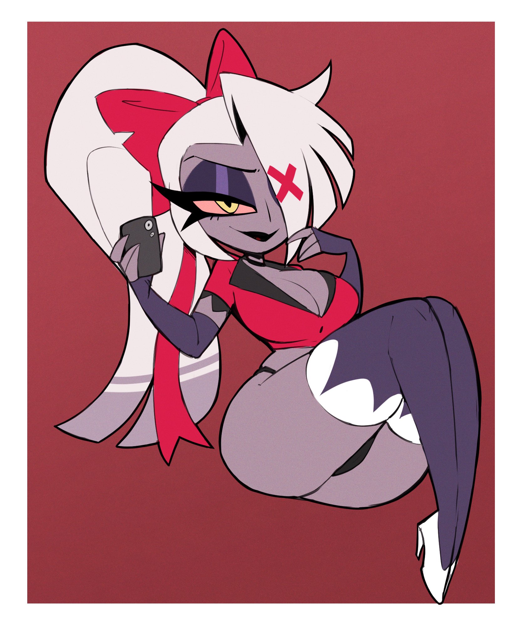 1 eye, 1girls, 2026, angel, angel girl, ass, bare thighs, big ass, big breasts, bow, breasts, cleavage, cleavage cutout, eyelashes, fallen angel, female, female only, grey body, grey skin, hair accessory, hair ornament, hair over one eye, hazbin hotel, hellaverse, hips, holding object, holding phone, long hair, nelljoestar, ponytail, ribbon, simple background, smile, solo, solo female, thick thighs, thighs, vaggie (hazbin hotel), white hair, wide hips