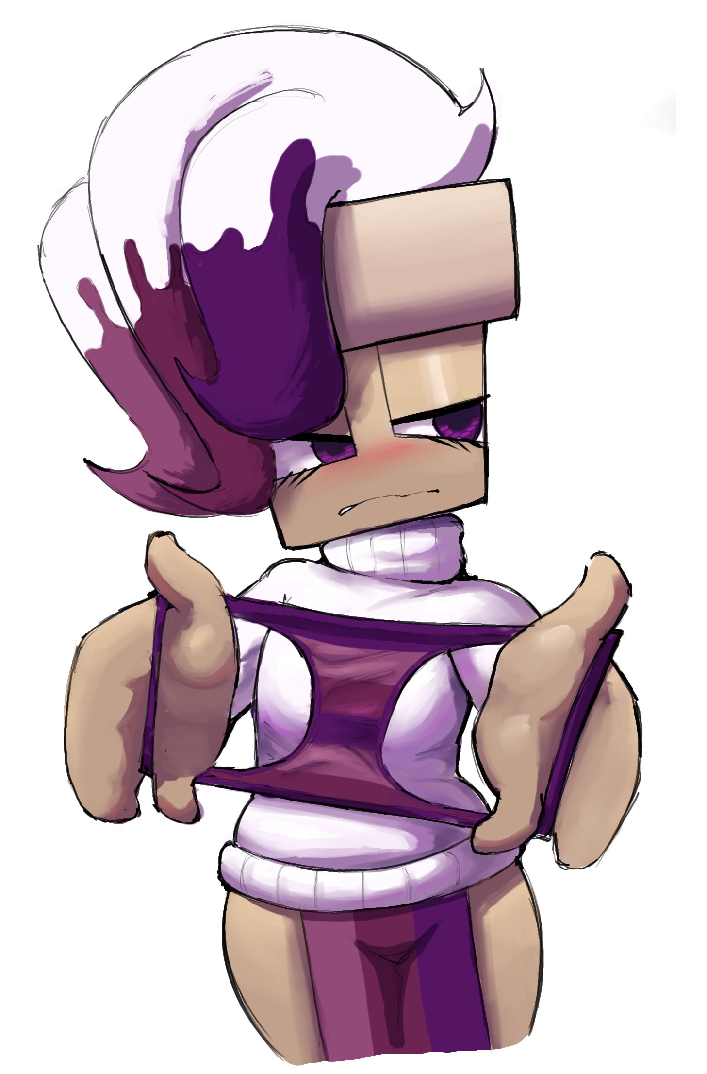 1girls, blush, blushcrunch studio, brusha (dandy's world), clothed, clothing, dandy's world, dandys world, embarrassed, female, female only, hi res, hips, humanoid, looking away, monkiebrained, mostly clothed, panties, presenting, presenting panties, punishedtooner, roblox, solo, standing, sweater, tagme, thighs, turtleneck, wavy mouth