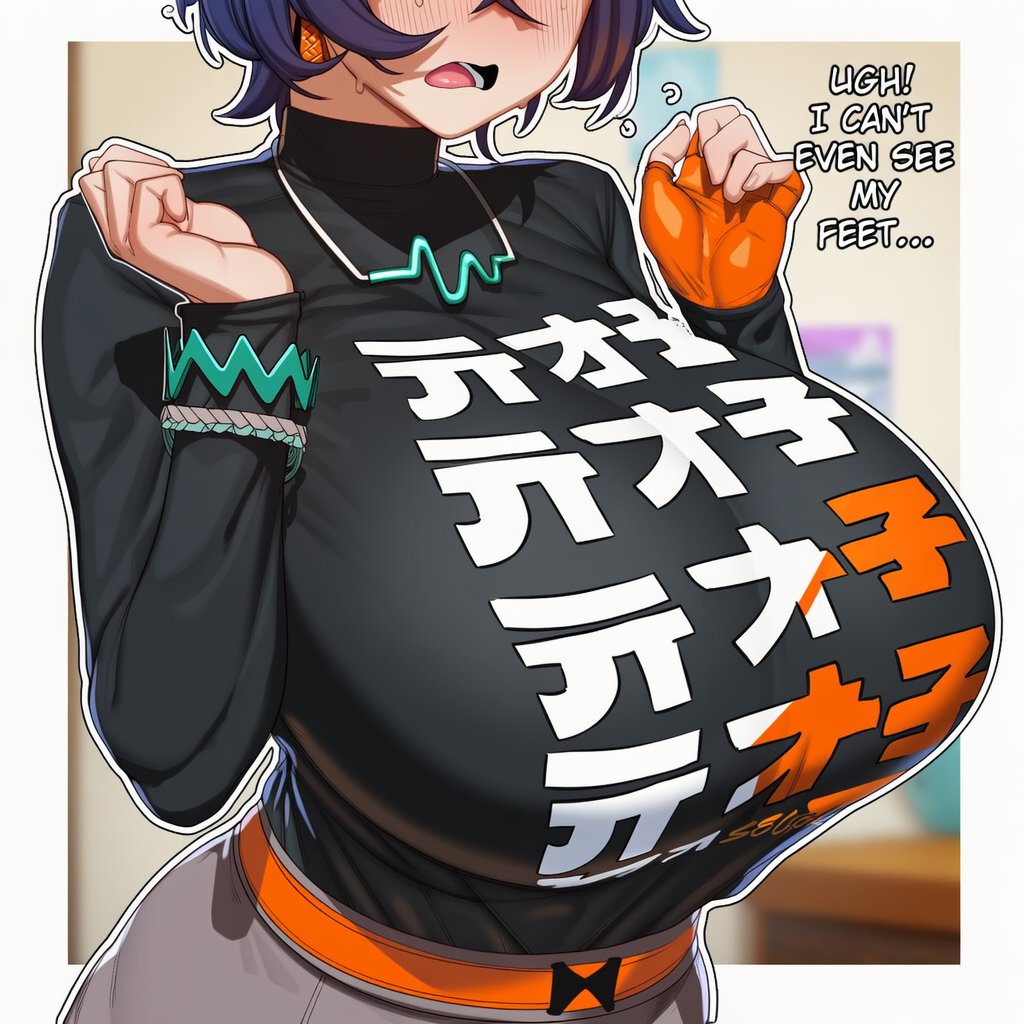 1girls, ai generated, belle (zenless zone zero), big breasts, blush, breasts, breasts focus, chin length hair, dark blue hair, dialogue, female, female only, huge breasts, large breasts, pale skin, pale-skinned female, sniksnak99, zenless zone zero