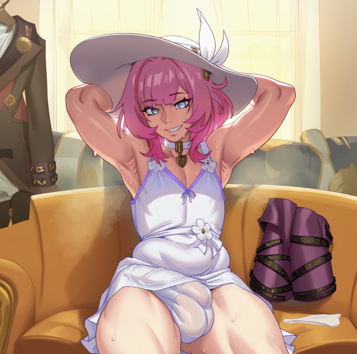 1boy, 1femboy, 2d, ai generated, armpit fetish, armpits, arms up, balls, big balls, big cock, big penis, big testicles, blue eyes, boots, bulge, bulge through clothing, bulge under clothes, choker, cock, couch, covered penis, crossdressing, cyrene (honkai: star rail), cyreneceo, dress, erection, erection under clothes, femboy, femboy only, futanari, genderswap (ftm), gloves, grin, hat, honkai (series), honkai: star rail, huge cock, indoors, large balls, large cock, large penis, large testicles, large thighs, looking at viewer, male focus, male only, medium hair, onilapper, otoko no ko, penis, penis bulge, pink hair, sitting, sleeveless, sleeveless dress, smile, solo, solo focus, solo male, steam, sun hat, sweat, teeth, testicles, thick cock, thick penis, thighs, underwear, white dress, white headwear