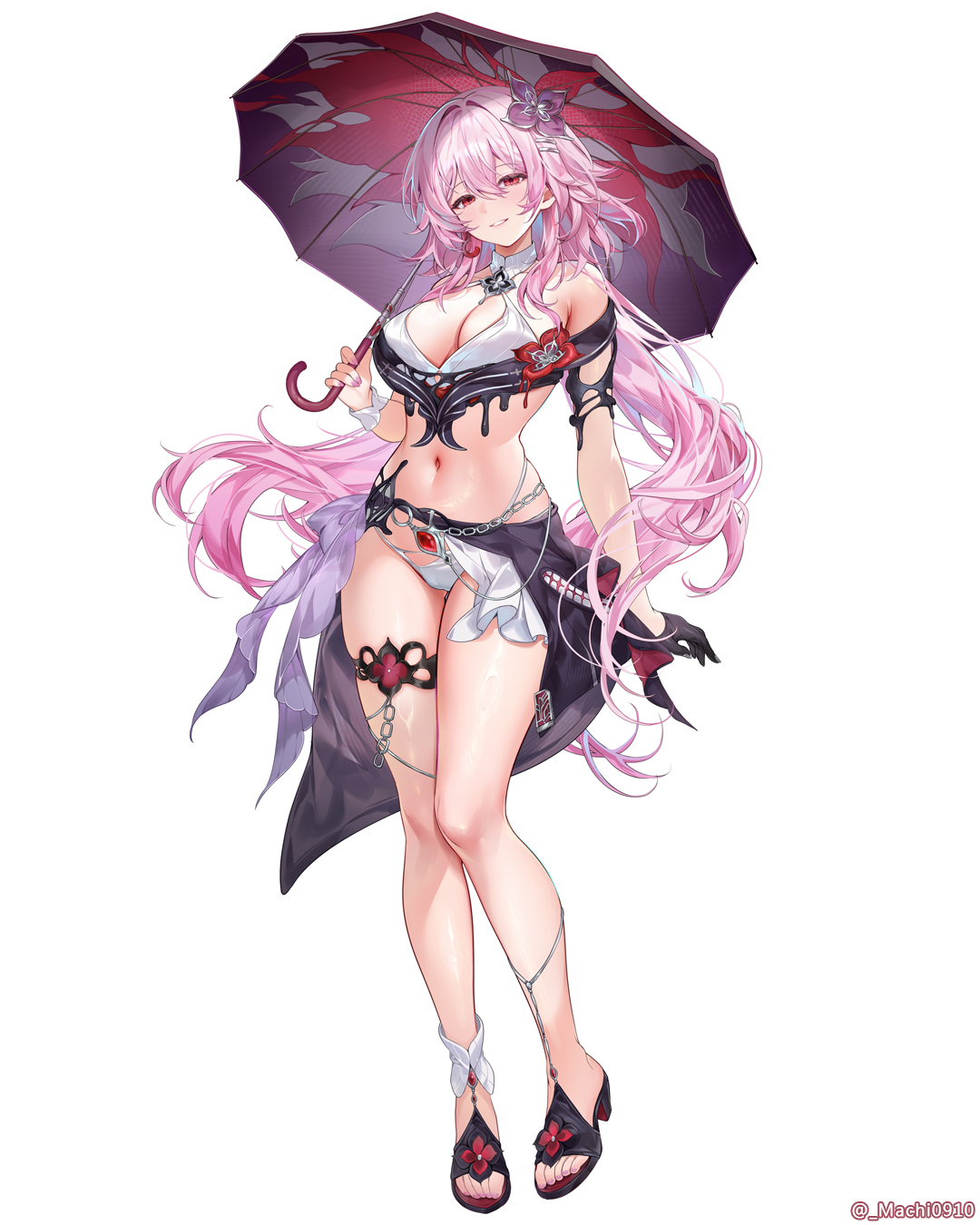 belly, belly button, cleavage, evernight (honkai: star rail), exposed midriff, female, female only, honkai: star rail, machi (7769), march 7th (honkai: star rail), pink hair, thighs, umbrella