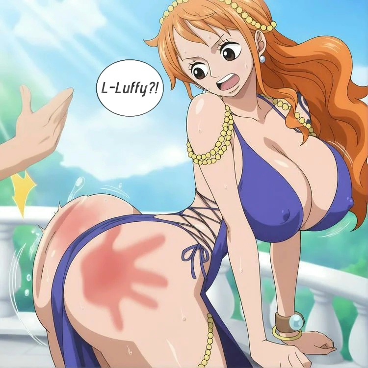 1girls, ai generated, arm tattoo, big ass, big breasts, blue tattoo, bubble ass, bubble butt, curvy female, dress, erect nipples, fat ass, female, huge breasts, luffy, male, male/female, monkey d luffy, nami, nami (one piece), nami (one piece) (zou), one piece, orange hair, orange-haired female, spank marks, spanking, tattoo, text, thick thighs, visible nipples, wide hips