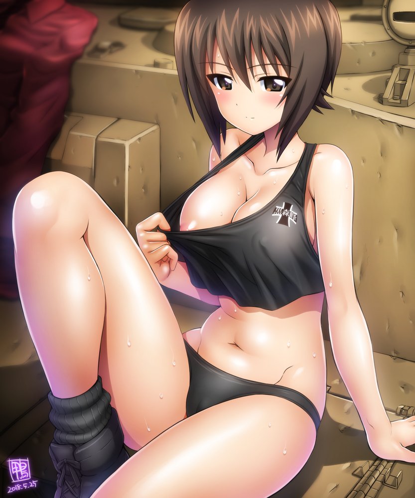 1girls, bare shoulders, belly, black panties, blush, breasts, brown eyes, brown hair, cameltoe, cleavage, girls und panzer, kamogawa tanuki, kuromorimine (emblem), large breasts, looking at viewer, nipple slip, nipples, nipples visible through clothing, nishizumi maho, no bra, schoolgirl, shirt pull, smile, smiling, smiling at viewer, sweat, sweating, sweaty body, tank top, tiger i, tiger tank
