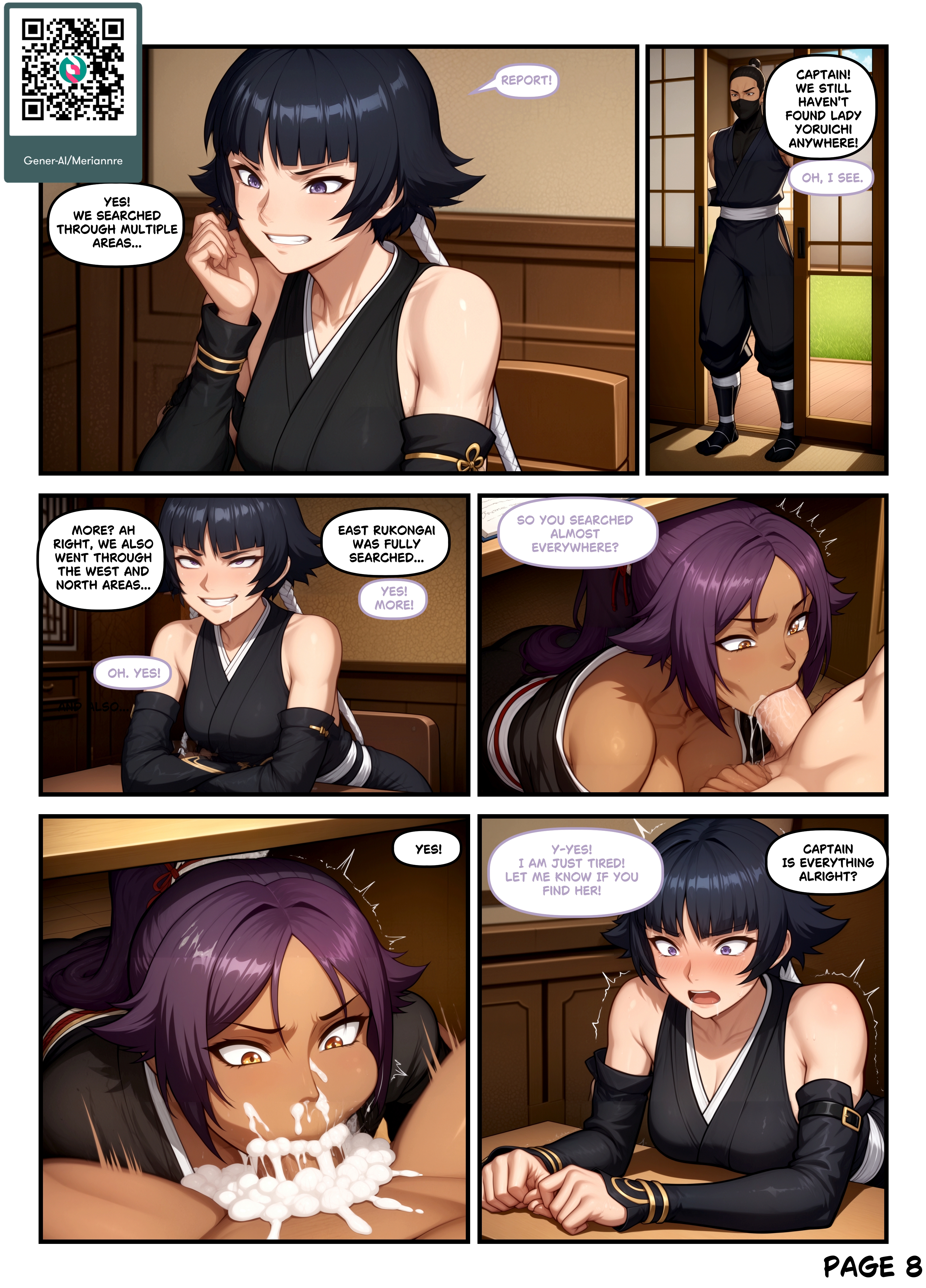 1boy, 2girls, ai generated, bare shoulders, black hair, black kimono, bleach, bleach: the thousand-year blood war, blush, breasts, comic, commission, cum, cum in mouth, dark skin, dark-skinned female, detached sleeves, ejaculation, english text, facial, fellatio, gener-ai, indoors, japanese clothes, large breasts, long hair, mind control, multiple girls, oral, penis, ponytail, promotional art, purple hair, request, shihouin yoruichi, soifon, speech bubble, straight, sui-feng, table, uncensored, under the table, yellow eyes