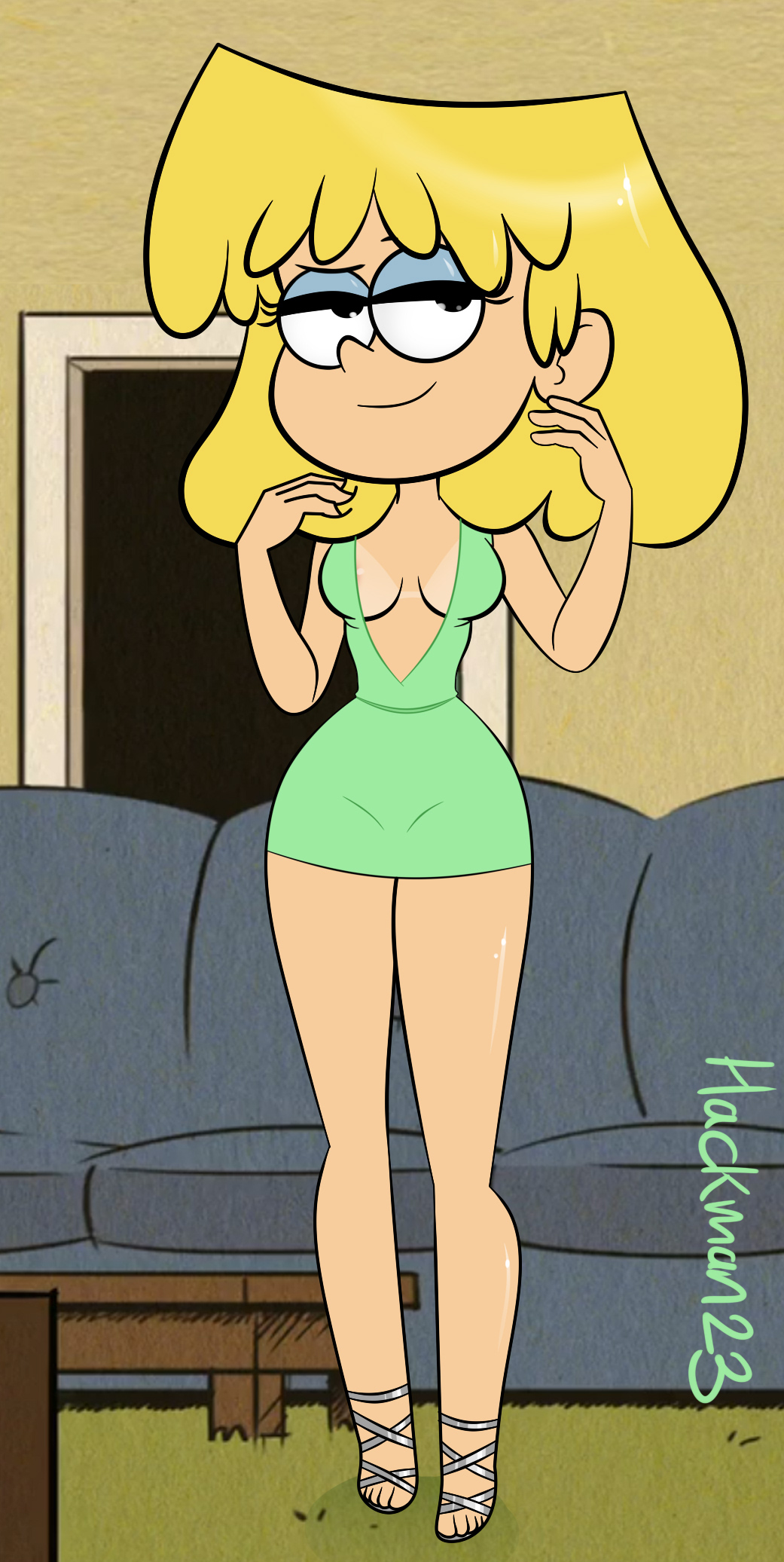 1girls, 2025, bare legs, blonde female, blonde hair, breasts, cleavage, dress, eyeshadow, female, female focus, female only, front view, hackman23, indoors, light skin, light-skinned female, living room, looking up, lori loud, nickelodeon, nicktoons, shoes, short hair, smile, solo, solo female, solo focus, standing, tanline, teenage girl, teenager, the loud house