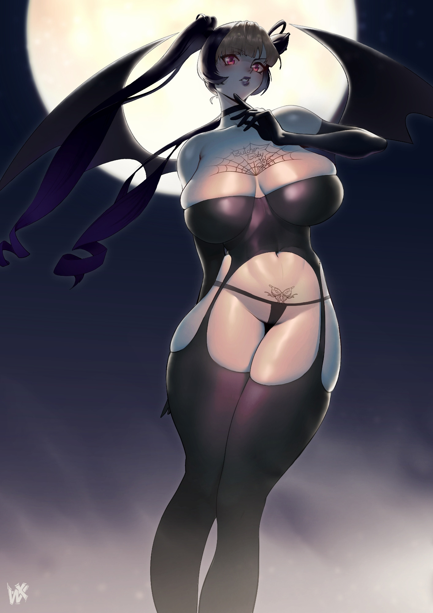 2026, artist signature, batwings, belly button, big breasts, black lipstick, commission, corset, digital drawing (artwork), digital media (artwork), female, garters, hi res, highres, lingerie, lipstick, looking at viewer, moonlight, night sky, oc, panties, pubic tattoo, red eyes, tattoo on chest, thick thighs, thigh highs, twintails, two-tone hair, vampire, vampire girl, wings, wirelixe