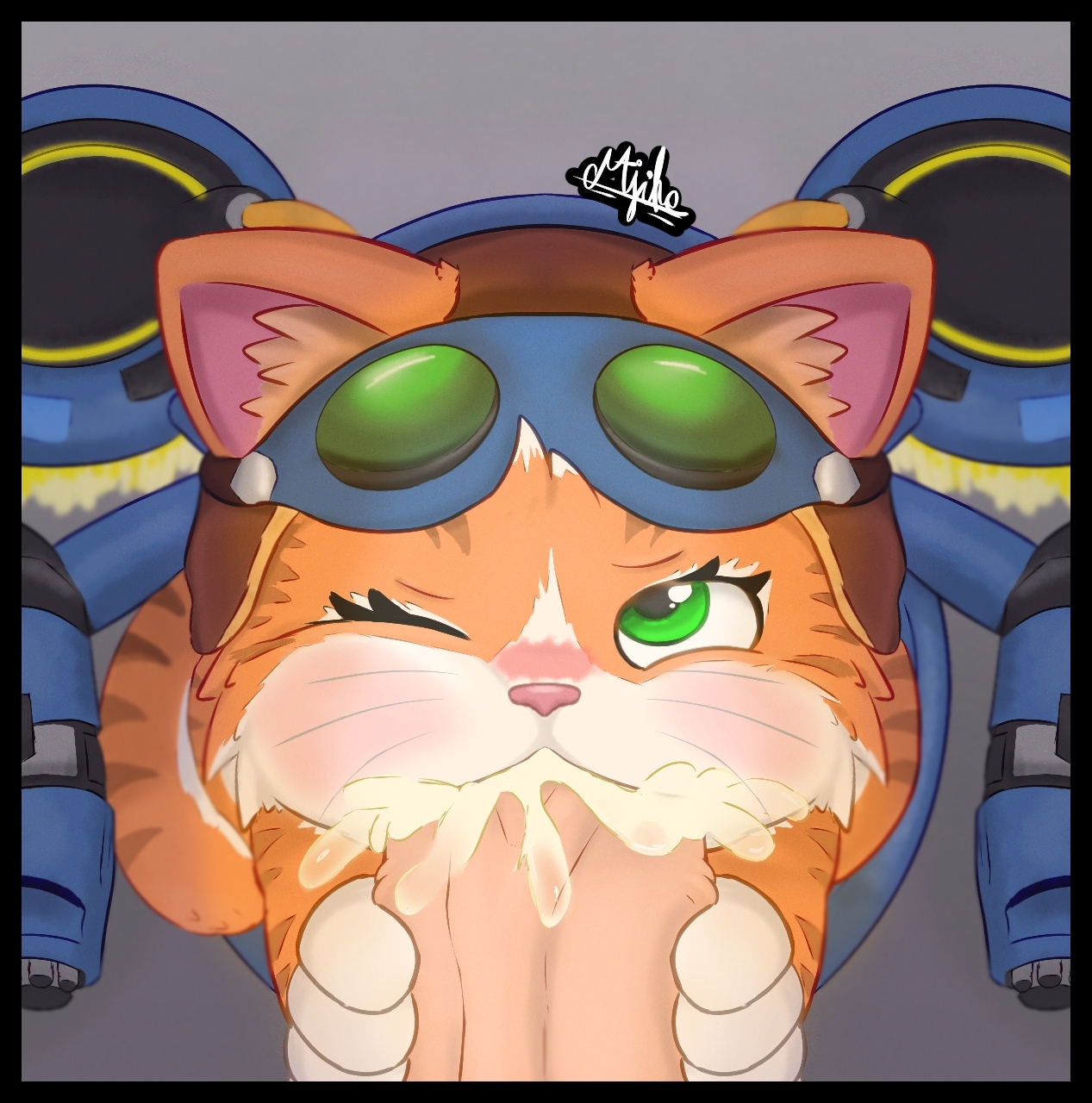2026, a cat is fine too, blizzard entertainment, bodily fluids, cheek bulge, cum, cum in mouth, cum inside, cum splatter, domestic cat, duo, eyelashes, eyewear, eyewear on head, felid, feline, felis, fellatio, female, feral, feral penetrated, fika (overwatch), first person view, fur, genital fluids, genitals, goggles, goggles on head, green eyes, hand on penis, hi res, human, human on feral, human penetrating, human penetrating feral, inner ear fluff, interspecies, looking at viewer, machine, majika, male, male on feral, male pov, male/female, mammal, multicolored body, one eye closed, oral, orange body, orange fur, overwatch, overwatch 2, penetrating pov, penetration, penile, penis, sex, simple background, size difference, tail, tuft, white body, white fur, white sclera, zoophilia