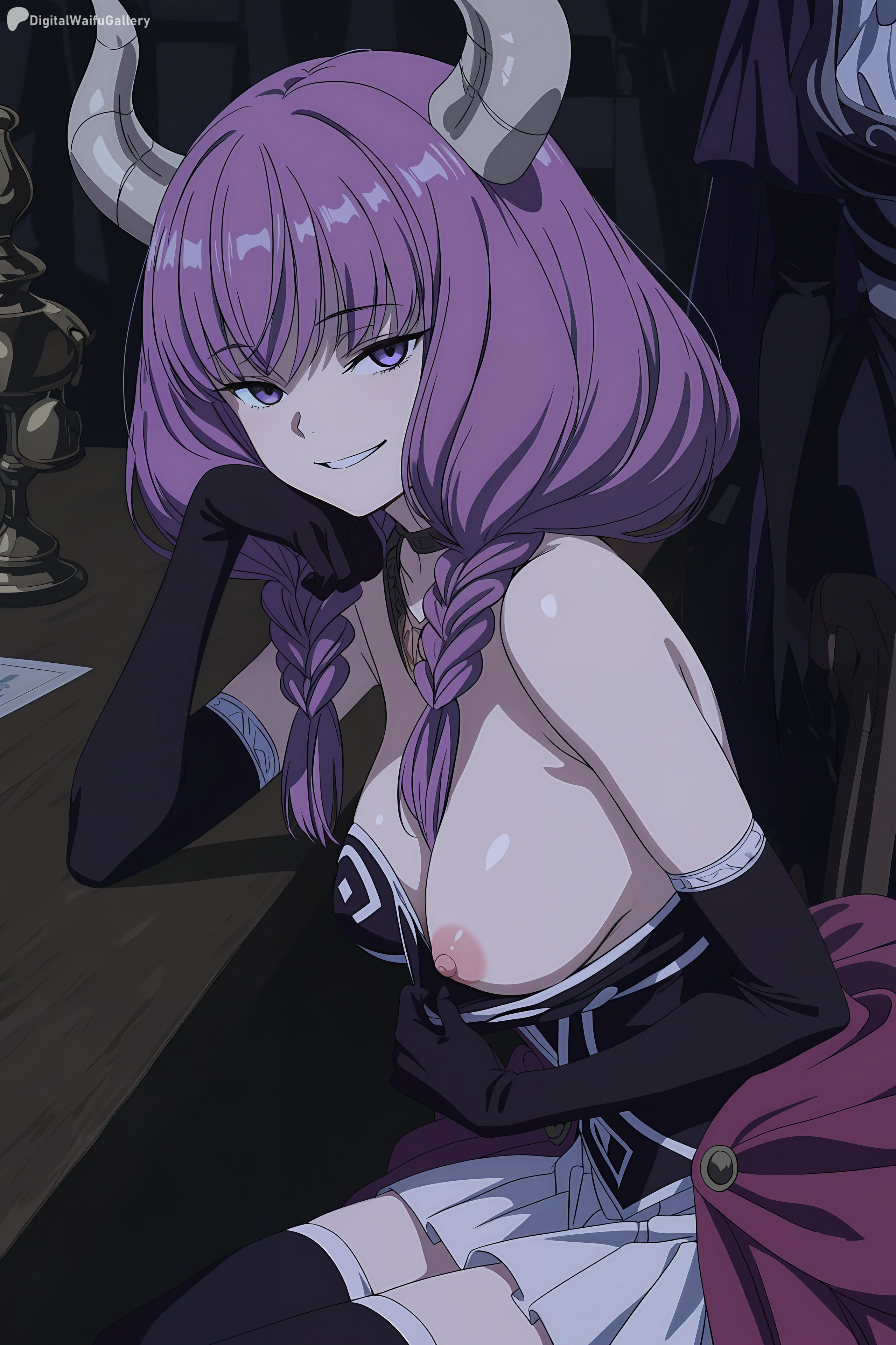 ai generated, aura (sousou no frieren), bangs, bare shoulders, black gloves, black legwear, blue eyes, braid, breasts, digitalwaifugallery, dress, elbow gloves, eyebrows visible through hair, female, female only, frieren beyond journey's end, gloves, grin, hair over shoulder, half-closed eyes, hi res, high quality, high resolution, horns, long hair, looking at viewer, low twintails, nipples, patreon, pleated skirt, purple hair, seductive, sexy, sitting, skirt, small breasts, smile, solo, thighhighs, twin braids, uncensored, watermark