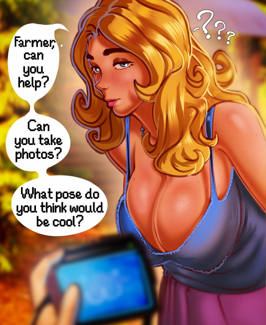 1boy, 1girls, blonde hair, blue eyes, breasts, cleavage, clothed, edit, edited, farmer (stardew valley), female, forz (artist), haley (stardew valley), huge breasts, pov, pov eye contact, stardew valley, text, third-party edit