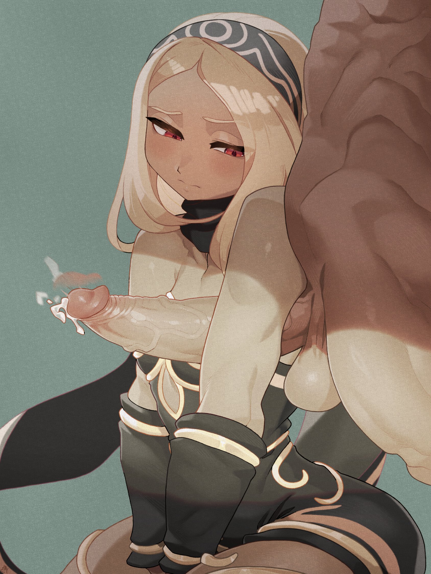1boy, 1girls, ahri el90, anonymous male, armpit fetish, armpit sex, armpits, blonde hair, blush, blushing, clothed, clothed female nude male, clothed sex, dark-skinned female, flat chest, gravity rush, kat (gravity rush), large penis, precum, red eyes