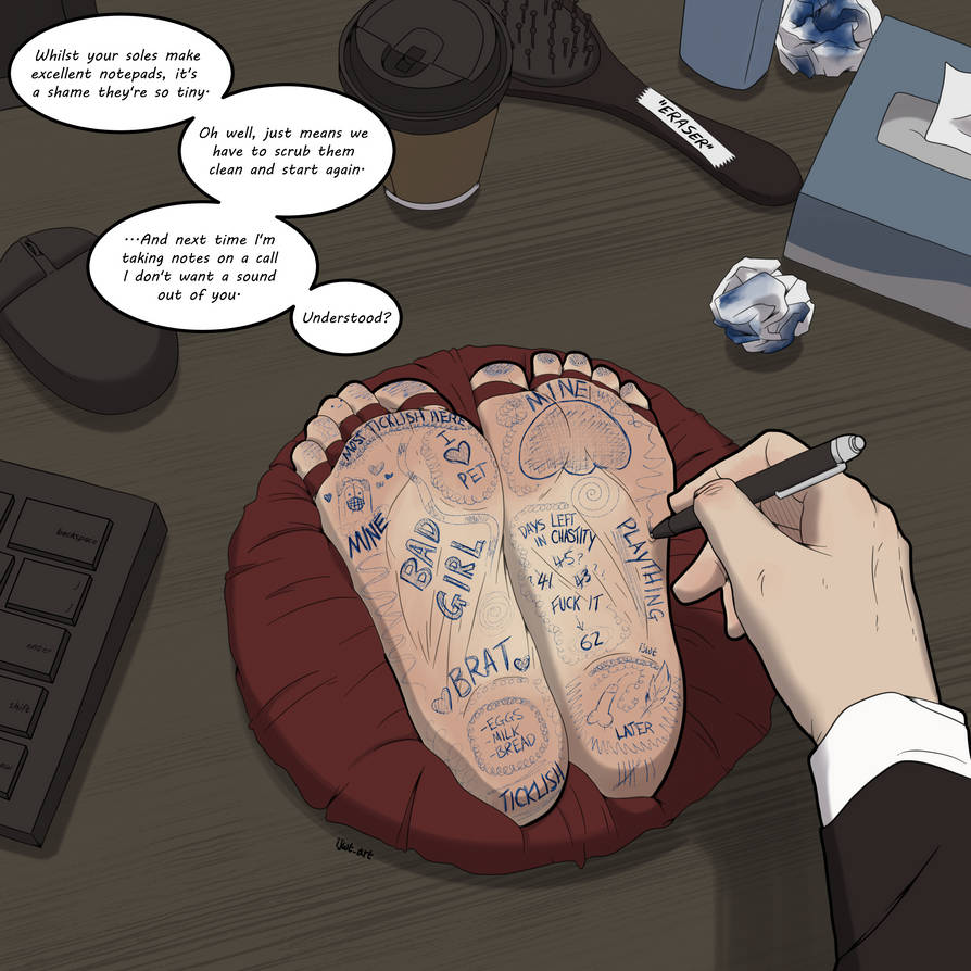 clothed male, desk, dialogue, english, english text, faceless, faceless character, faceless female, faceless male, feet, feet focus, feet up, female chastity, femsub, hairbrush, humiliation, ijwt art, maledom, oc, office, orgasm denial, original, original character, pen, punishment, soles, stuck, stuck in object, tickle fetish, tickle torture, tickling, tickling feet, toe restraints, toes, toes tied, writing on body, writing on feet, writing on skin, writing on soles