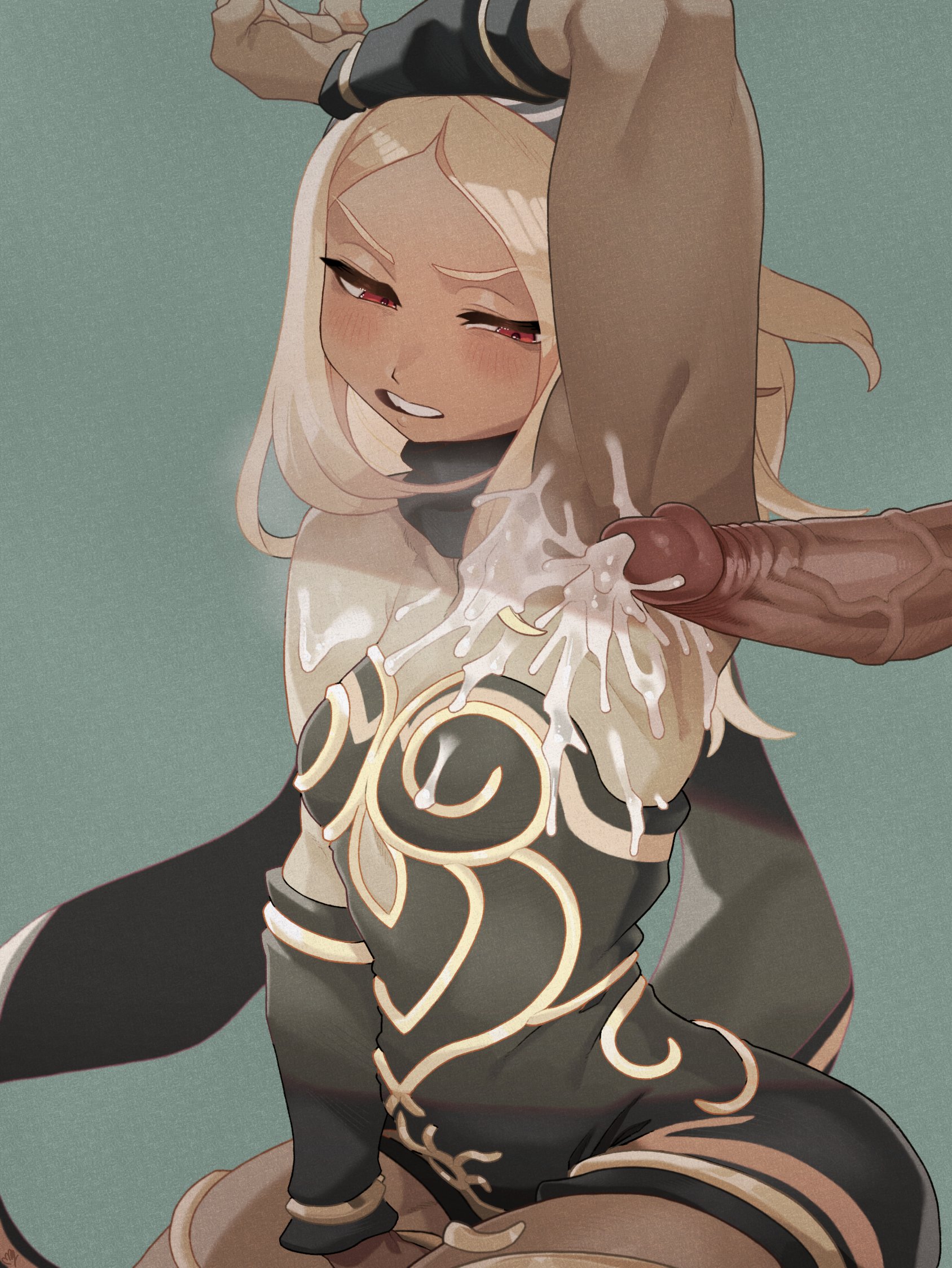1boy, 1girls, 2d, 2d (artwork), ahri el90, arm up, armpit fetish, armpit sex, blonde hair, blush, cum, cum on armpit, dark-skinned female, duo, female, gravity rush, kat (gravity rush), male, red eyes, sex