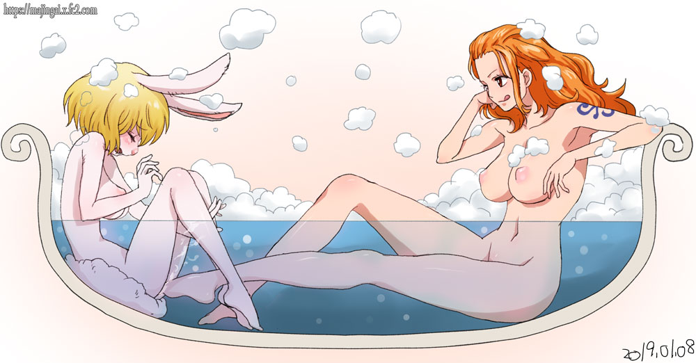 :d, 2019, 2girls, alluring, animal ears, arm tattoo, barefoot, bath, bathing, bathing together, bathtub, blonde hair, blonde-haired female, blue tattoo, blush, bubble, bubble bath, bunny ears, bunny tail, carrot (one piece), closed eyes, dated, feet, female, female ejaculation, female footjob, female only, foam, foot fetish, footjob, full body, ginko (silver fox), head rest, long hair, looking at another, moaning, multiple females, multiple girls, nami (one piece), navel, nipples, nude, one piece, open mouth, orange eyes, orange hair, orange-haired female, partially submerged, partially underwater shot, post-timeskip, pussy, pussy juice, short hair, sitting, smile, tail, tattoo, tattoo on arm, tattooed arm, tongue, tongue out, underwater, water, watermark, web address, yuri