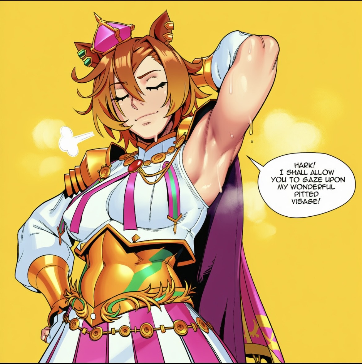 1girls, 2d, ai generated, animal ears, arm behind head, arm up, armor, armpit fetish, armpits, breasts, cape, closed eyes, closed mouth, crown, ear piercing, english, english text, female only, hair between eyes, hand on own hip, horse ears, horse girl, horse tail, medium breasts, mini crown, onilapper, orange hair, piercing, presenting armpit, shirt, short hair, shoulder armor, simple background, skirt, smile, solo, solo female, solo focus, speech bubble, steam, steaming body, sweat, sweatdrop, t.m. opera o (umamusume), text, umamusume, umamusume pretty derby, yellow background