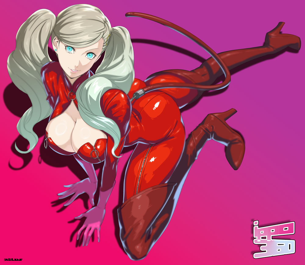 1girls, 2025, alternate version available, ann takamaki, ass, blonde hair, blue eyes, bodysuit, boots, breasts, cleavage cutout, clothing cutout, fake tail, female, full body, gloves, gradient background, hanging breasts, high heels, ippo, large breasts, latex, lips, long hair, looking at viewer, on one knee, persona, persona 5, phantom thief suit, pink background, purple background, smile, stretching, tail, takamaki anne, twintails, zipper