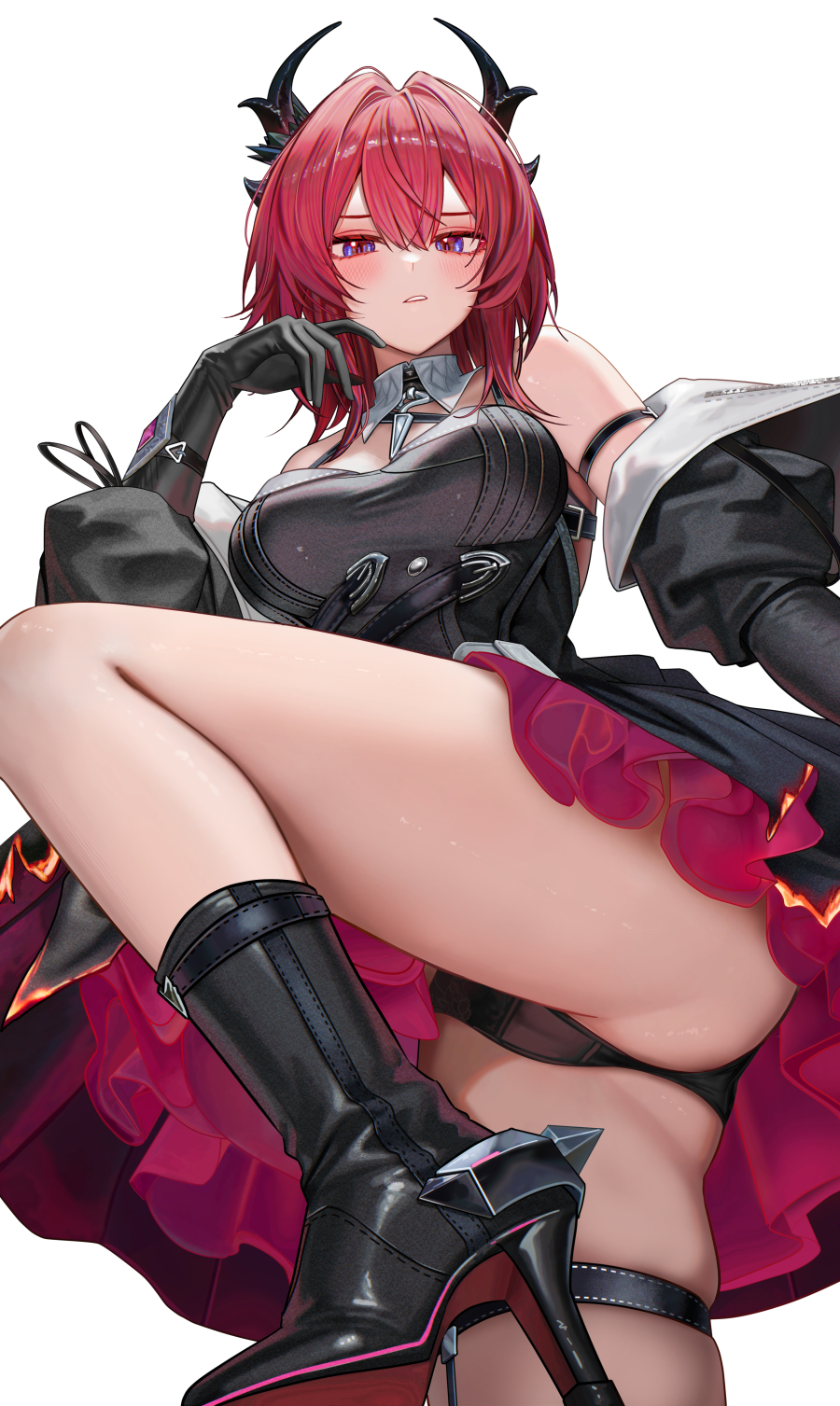 arknights, arknights: endfield, bare shoulders, black boots, black dress, black gloves, black horns, black panties, blush, boots, breasts, commentary, dress, female, from below, gloves, hand up, high heel boots, high heels, highres, horns, laevatain (arknights: endfield), leg up, looking at viewer, medium breasts, paid reward available, panties, parted lips, purple eyes, ru zhai, simple background, solo, symbol-only commentary, thighs, underwear, white background