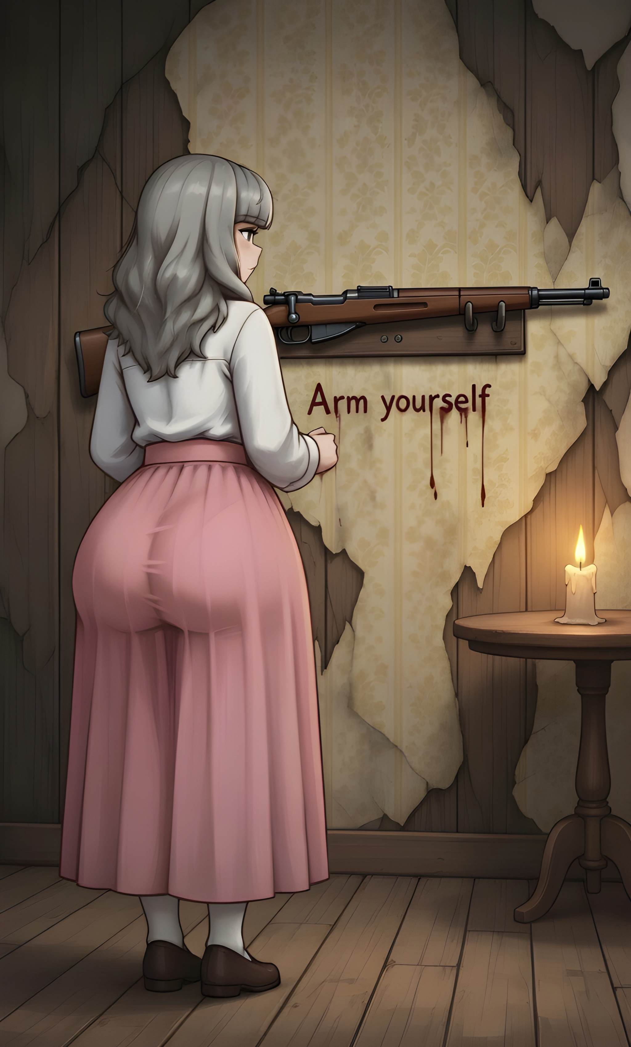1girls, ai generated, ass focus, big ass, big ass (male), bottom heavy, fat ass, fear and hunger, fear and hunger: termina, female, female only, grey hair, gun, marina (fear and hunger), mrnails, pantylines, pink skirt, scene reference, see-through, see-through clothing, skirt, socks, trans woman, transfem, white shirt