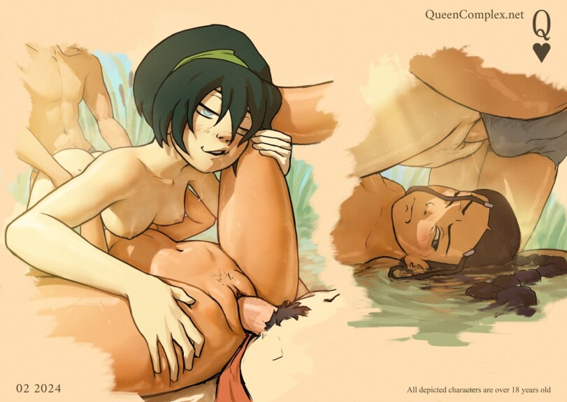 2boys, 2girls, avatar the last airbender, breasts, eyeless male, female, female focus, foursome, group, katara, nipples, nude, outdoors, queencomplex, sex, shaved pussy, simple background, toph bei fong, uncensored, vaginal, vaginal penetration, vaginal sex