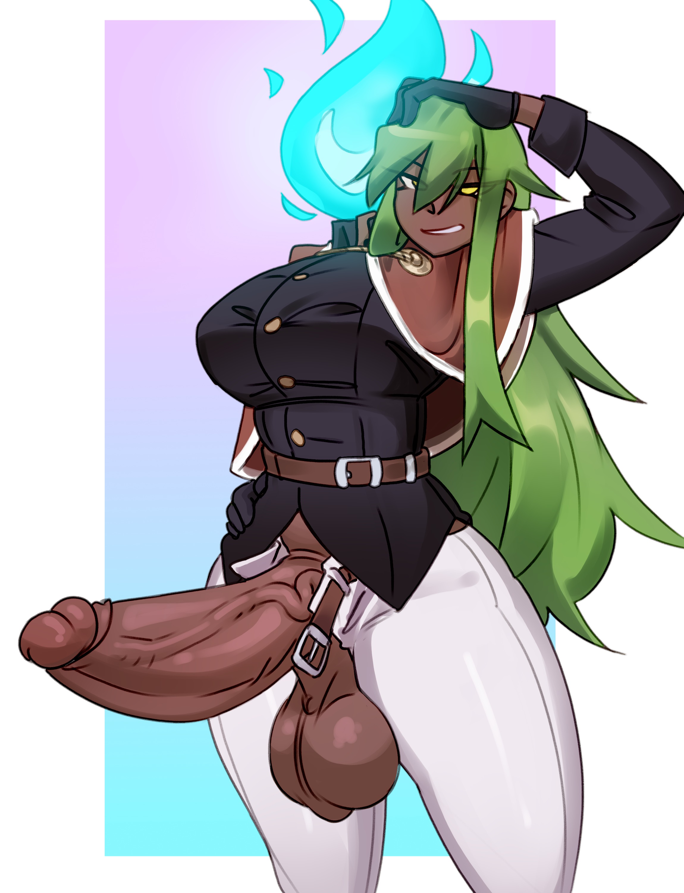 1futa, balls, clothed, clothing, dark skin, dark-skinned futa, dullahan, futa only, futanari, green hair, huge cock, long hair, mostly clothed, penis, penis out, presenting penis, smirk, solo, solo futa, sunk118, yellow eyes