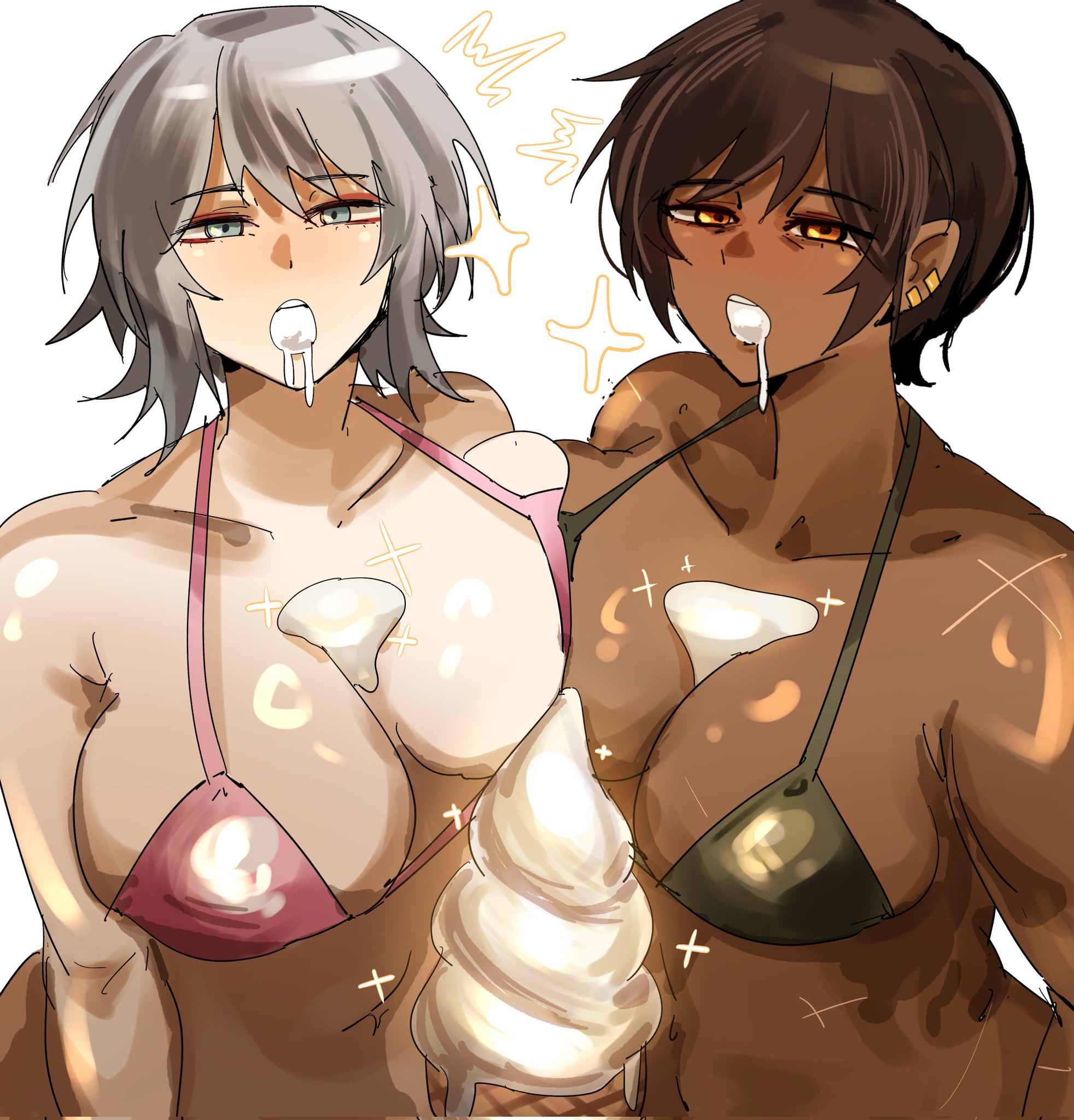 2girls, arczaeon, bikini, cleavage, faust (limbus company), female, female only, human, ice cream, large breasts, limbus company, outis (limbus company), project moon