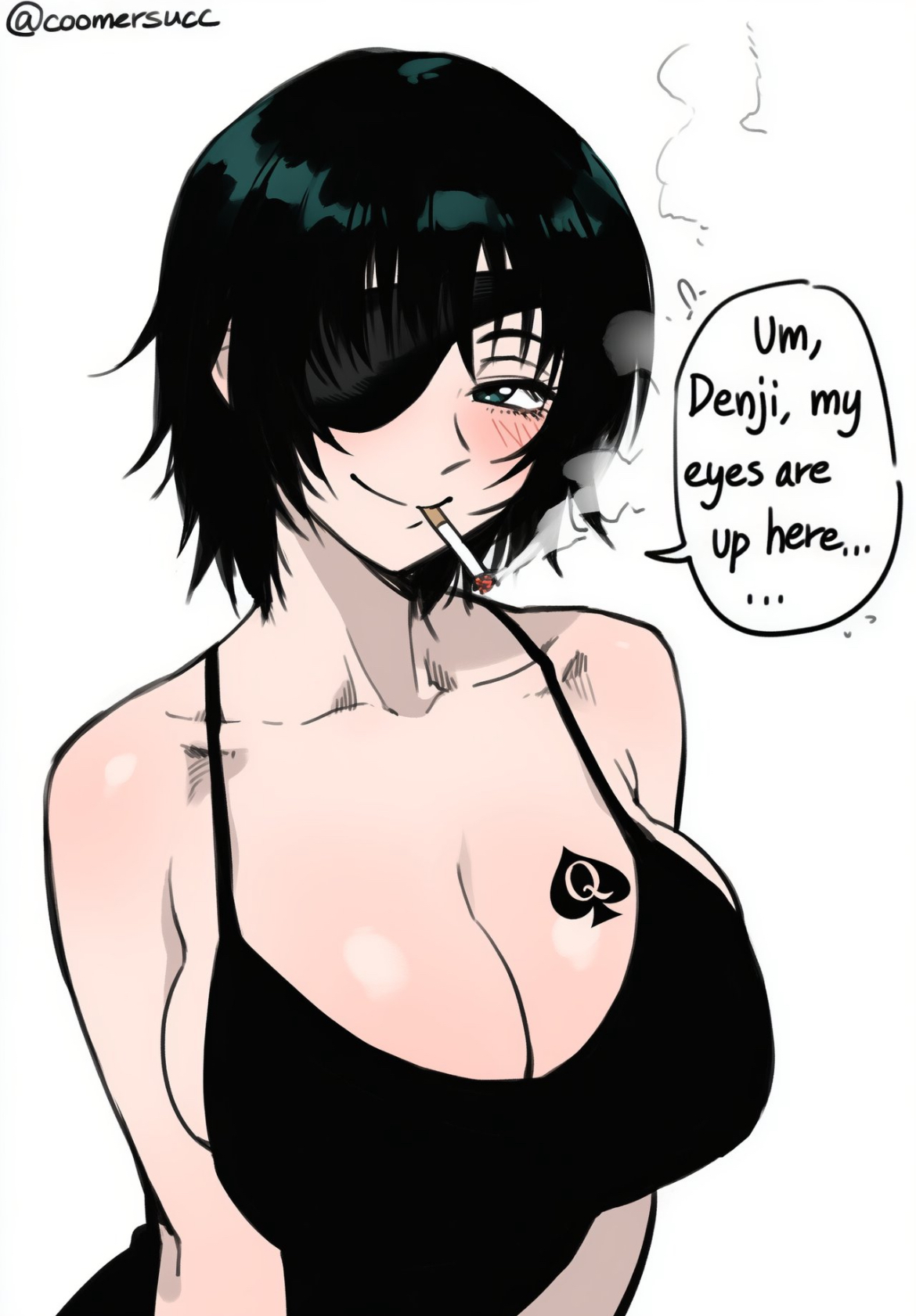 1girls, 2026, 2d, ai generated, big breasts, blacked, breasts, chainsaw man, coomersucc, eyepatch, female, green hair, himeno (chainsaw man), human, netorare, ntr, qos, raceplay, short hair, smoking, tagme, talking to another, tattoo on breast