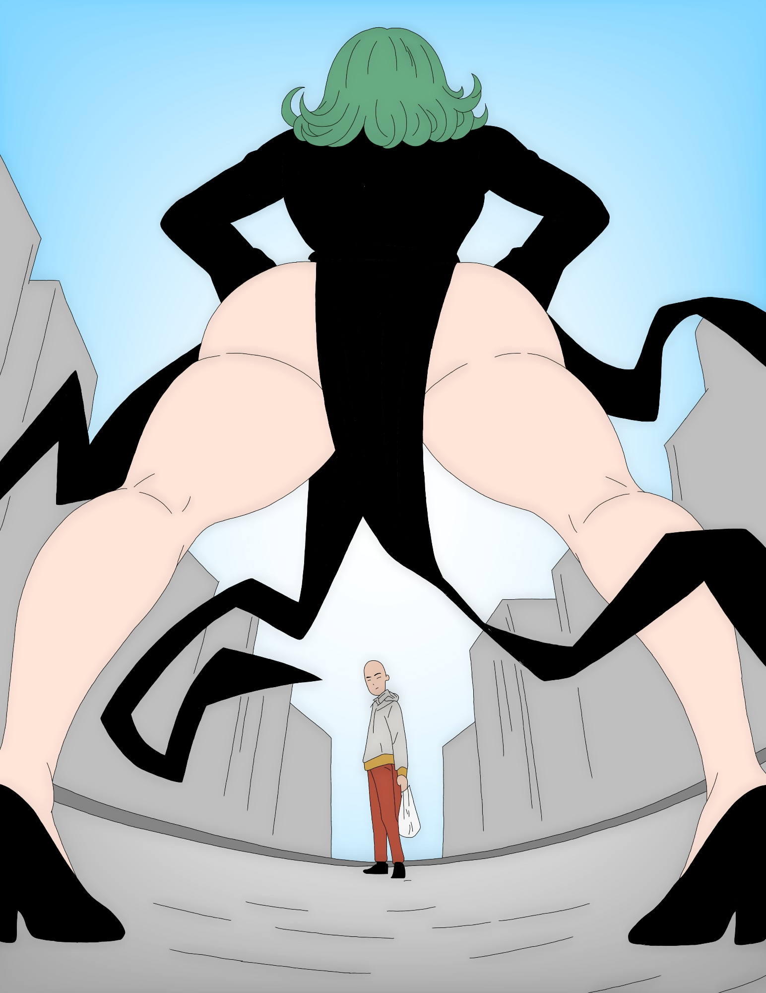 1boy, artvi, black bodysuit, black high heels, blue sky, bodysuit, cityscape, cracked ground, curvy, female, from below, gloves, green hair, grey hoodie, hands on hips, high heels, highres, hoodie, huge ass, huge thighs, indoors, long hair, long sleeves, looking down, looking up, massive thighs, no, one punch man, orange pants, outdoors, perspective view, plump, ruined city, saitama, shopping bag, size difference, skin tight, standing, tagme, tatsumaki, tatsumaki (one-punch man), thick thighs, wide hips