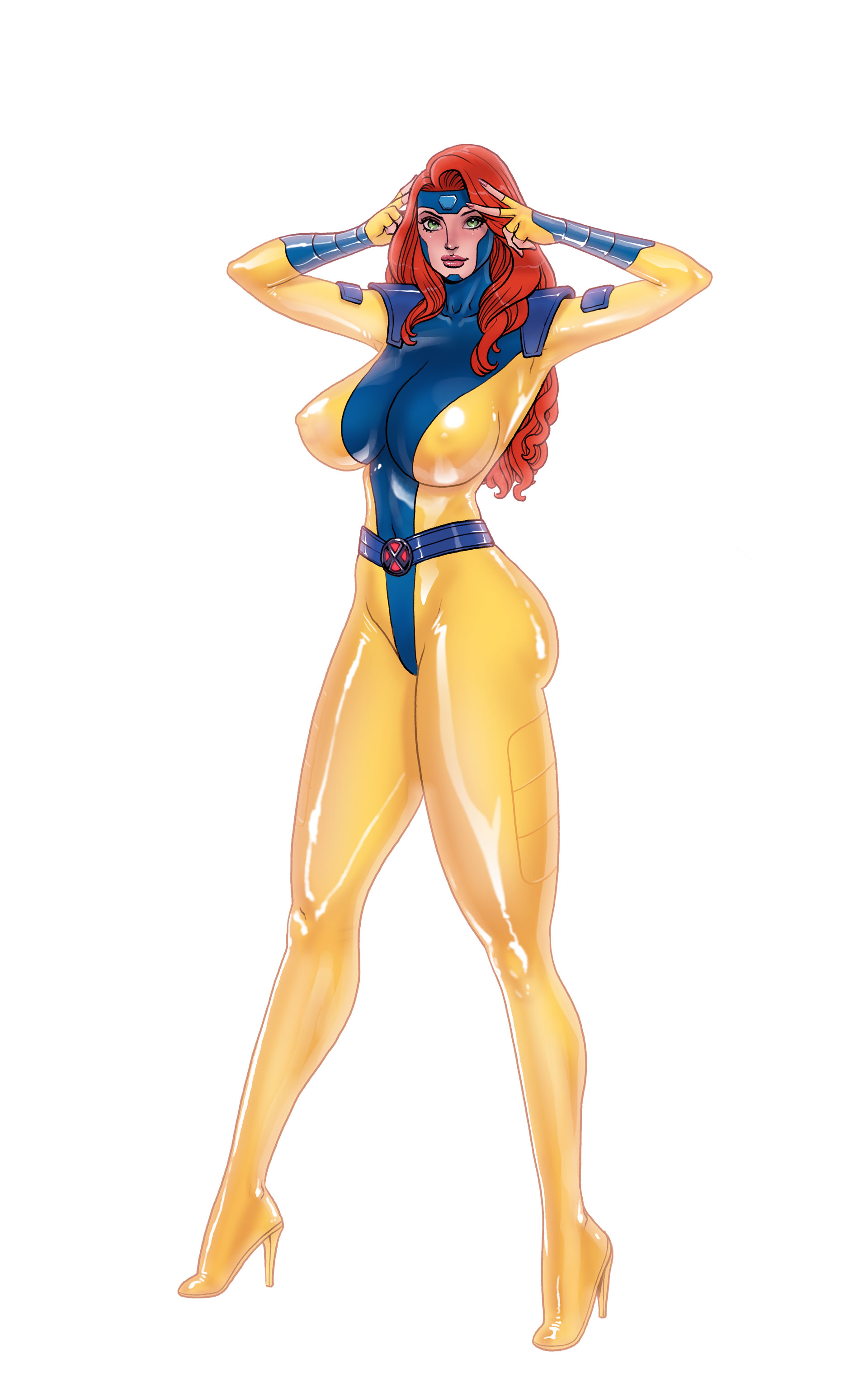 1girls, big breasts, bodysuit, breasts, breasts bigger than head, female, female only, green eyes, huge breasts, jean grey, latex, latex bodysuit, latex clothing, latex suit, light skin, light-skinned female, looking at viewer, marvel, marvel comics, marvel girl, pegasus (artist), phoenix (x-men), pinup, pose, posing, red hair, skintight, skintight bodysuit, solo, solo female, solo focus, superheroine, x-men, x-men 97