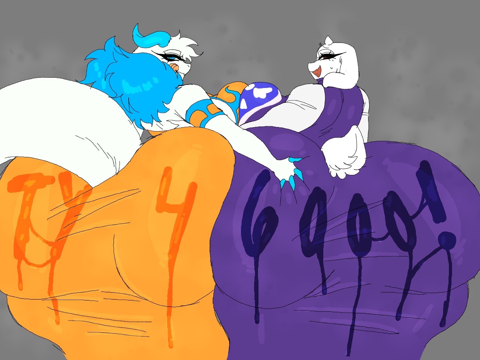 2024, 2d, 2d (artwork), 2d artwork, 2girls, angela flux, angela flux (kiseff), atlyss, big breasts, breast squish, clothed, clothing, female focus, female only, furry, goat, goat girl, goat humanoid, grabbing another's ass, grabbing ass, heavensthroat, huge ass, huge breasts, huge butt, hyper, hyper ass, kubold (atlyss), large breasts, looking at viewer, looking back, musk, musk clouds, steam, steamy, tail, text, thick thighs, toriel, undertale, viewed from behind