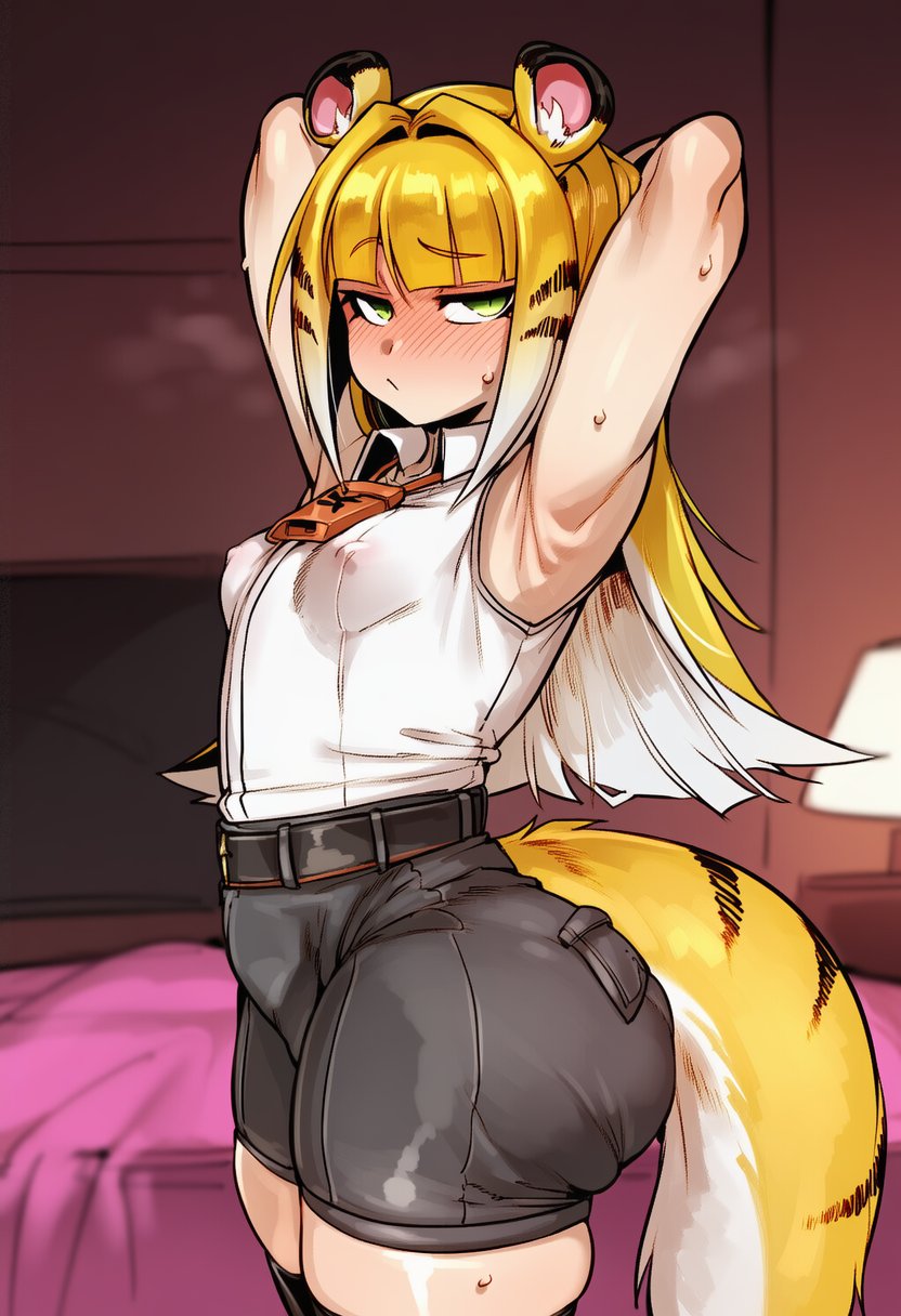 1girls, 2d, ai generated, animal ears, armpit fetish, armpits, arms behind head, arms up, ascot, ass, bed, belt, big ass, big butt, black belt, black shorts, black thighhighs, blonde hair, blunt bangs, blush, breasts, closed mouth, collared shirt, covered nipples, cowboy shot, cyreneceo, female only, green eyes, hair intakes, huge ass, huge butt, indoors, ju fufu, large ass, large butt, large thighs, long hair, looking at viewer, multicolored hair, nipple bulge, nipples, nipples visible through clothing, no bra, see-through, see-through clothes, see-through clothing, shirt, short shorts, shorts, skindentation, sleeveless, sleeveless shirt, small breasts, solo, solo female, steam, sweat, tail, thick ass, thick butt, thick thighs, thighhighs, thighs, tiger ears, tiger girl, tiger tail, twisted torso, white hair, white shirt, zenless zone zero