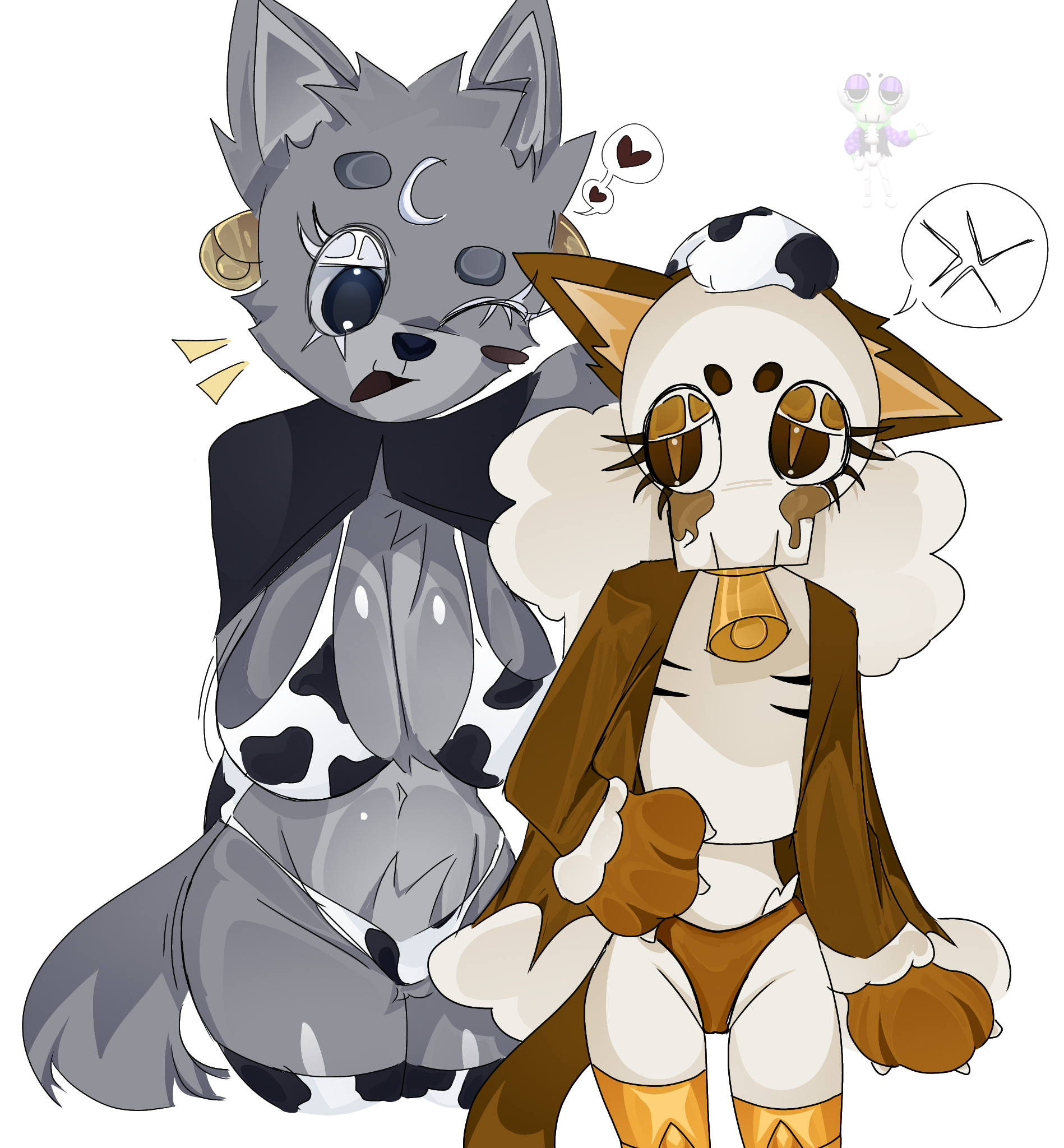 2026, 2girls, annoyed, annoyed expression, bell, bell accessory, bell collar, big breasts, big thighs, blushcrunch studio, bushy eyebrows, cat ears, cat outfit, cat tail, cow bikini, cow print, dandy's world, dandys world, ears up, eclipse (dandy's world), eyes half closed, eyes half open, female only, females only, finished, flat chest, flat chested, fluffy ears, fluffy tail, furry, furry female, girl only, girls only, gloves, half moon, half naked, half naked female, hand on head, heart, hearts around head, jealous, jealous female, jealousy, liamai, long eyelashes, long socks, long stockings, moon, no sex (yet), no shirt, no text, paw on head, pussy visible through panties, ribecca, ribecca (dandy's world), roblox, self upload, shiny breasts, shiny skin, shiny tits, shirtless, shirtless (female), shirtless female, skeleton, speech bubble, teasing, thick thighs, toon (dandy's world), two-tone fur, wiggle lines, wobbling breasts, wolf girl, yuri