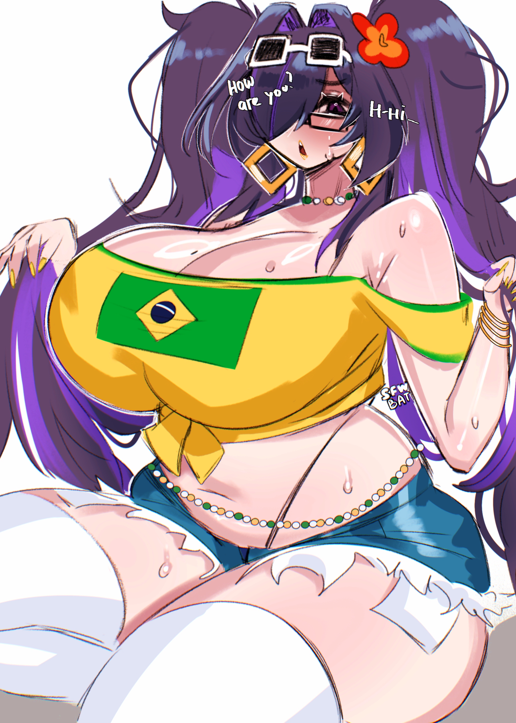1girls, alternate hairstyle, ass visible through thighs, batcubus, big breasts, blush, brazilian flag, brazilian miku, brazilian miku (cosplay), breasts, breasts bigger than head, cosplay, curvy, female, female only, figure four sitting, gigantic ass, gigantic breasts, goddess of victory: nikke, hollow shine, hourglass figure, huge breasts, hyper, label (nikke), large breasts, purple eyes, purple hair, shiny skin, shy, sitting, sunglasses, sunglasses on head, thick thighs, thighs bigger than head, twintails, vocaloid, voluptuous, wide hips