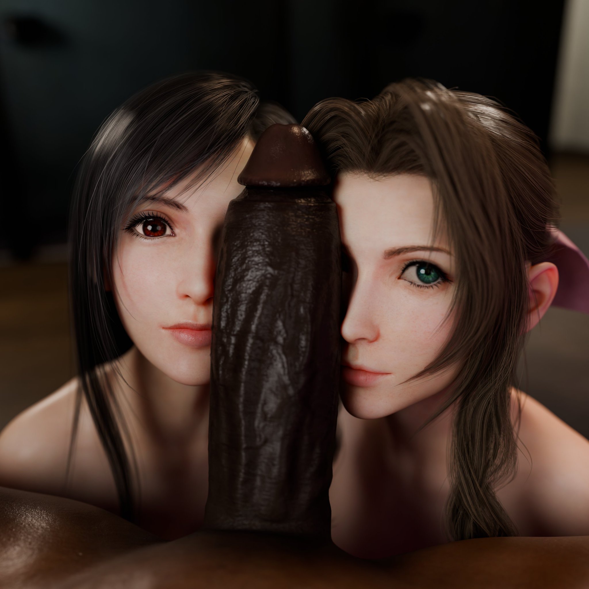 1boy, 2girls, 3d, aerith gainsborough, big penis, black hair, brown hair, cock, completely nude, dark skin, dark-skinned male, derpderp, ffm threesome, final fantasy, final fantasy vii, final fantasy vii remake, green eyes, group, huge cock, interracial, light skin, light-skinned female, long hair, looking at viewer, male, male pov, male/female, nude, nude female, nude male, penis, penis on face, pov, pov eye contact, red eyes, square enix, tagme, threesome, tifa lockhart, trio
