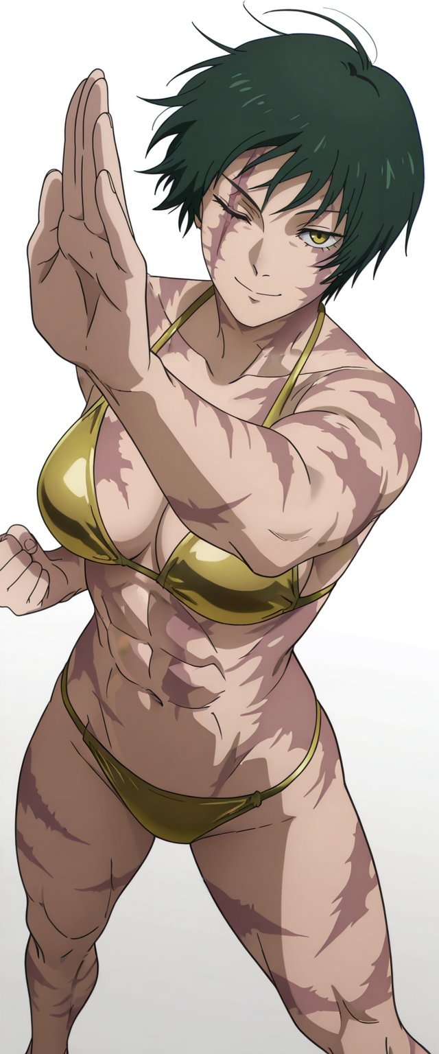 abs, anime, anime style, bikini, eye scar, green hair, jujutsu kaisen, maki zenin, mappa, scar, scar on face, scars, swimsuit, very short hair, yellow bikini, zenin maki