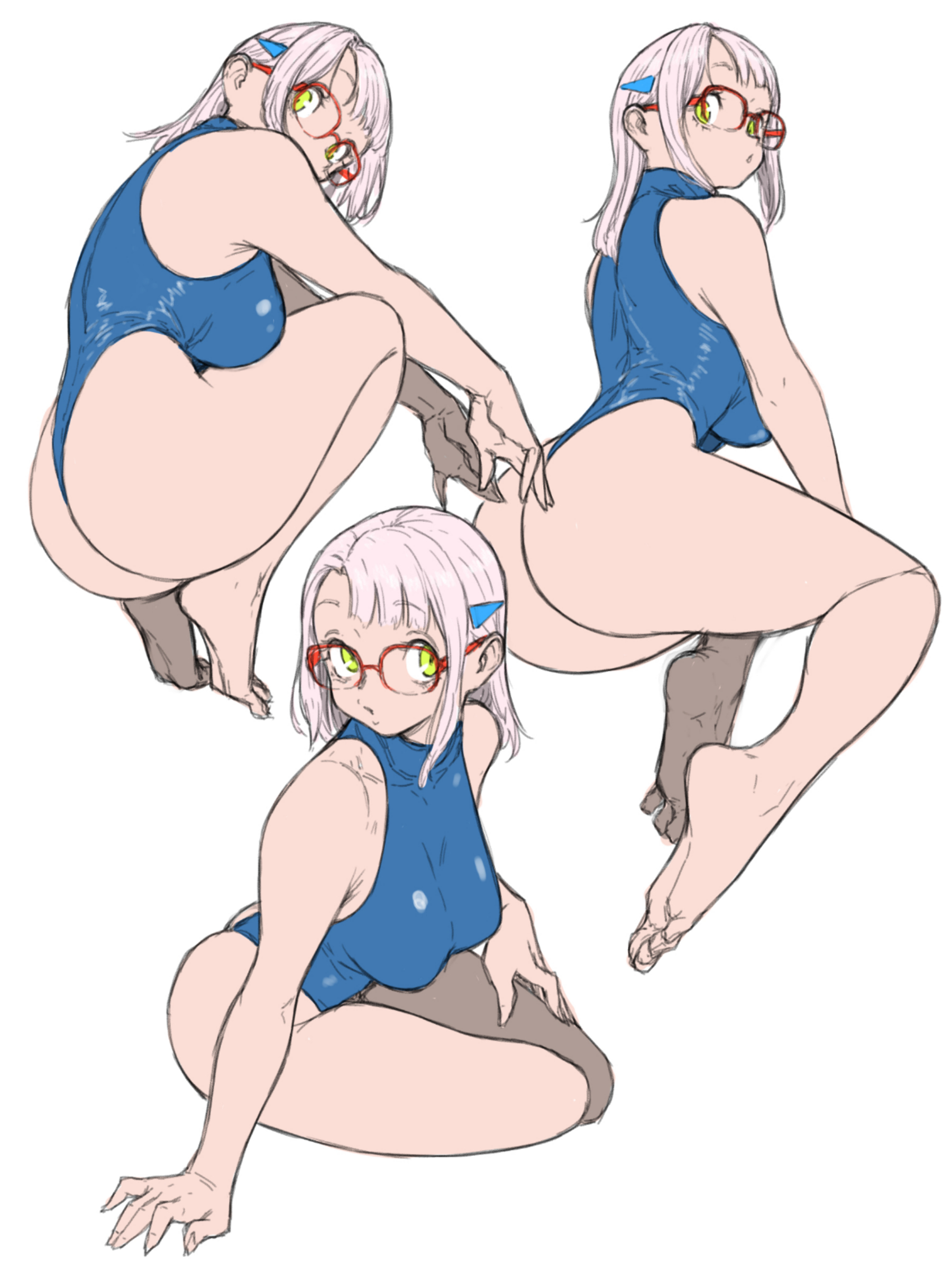 1girls, ass, big ass, big breasts, blue one-piece swimsuit, breasts, feet, female, female only, glasses, goddess of victory: nikke, hair ornament, looking at viewer, neon (nikke), one-piece swimsuit, pale skin, pale-skinned female, red glasses, side view, squatting, swimsuit, tagme, thick thighs, thighs, toshinoshin00, white background, white hair