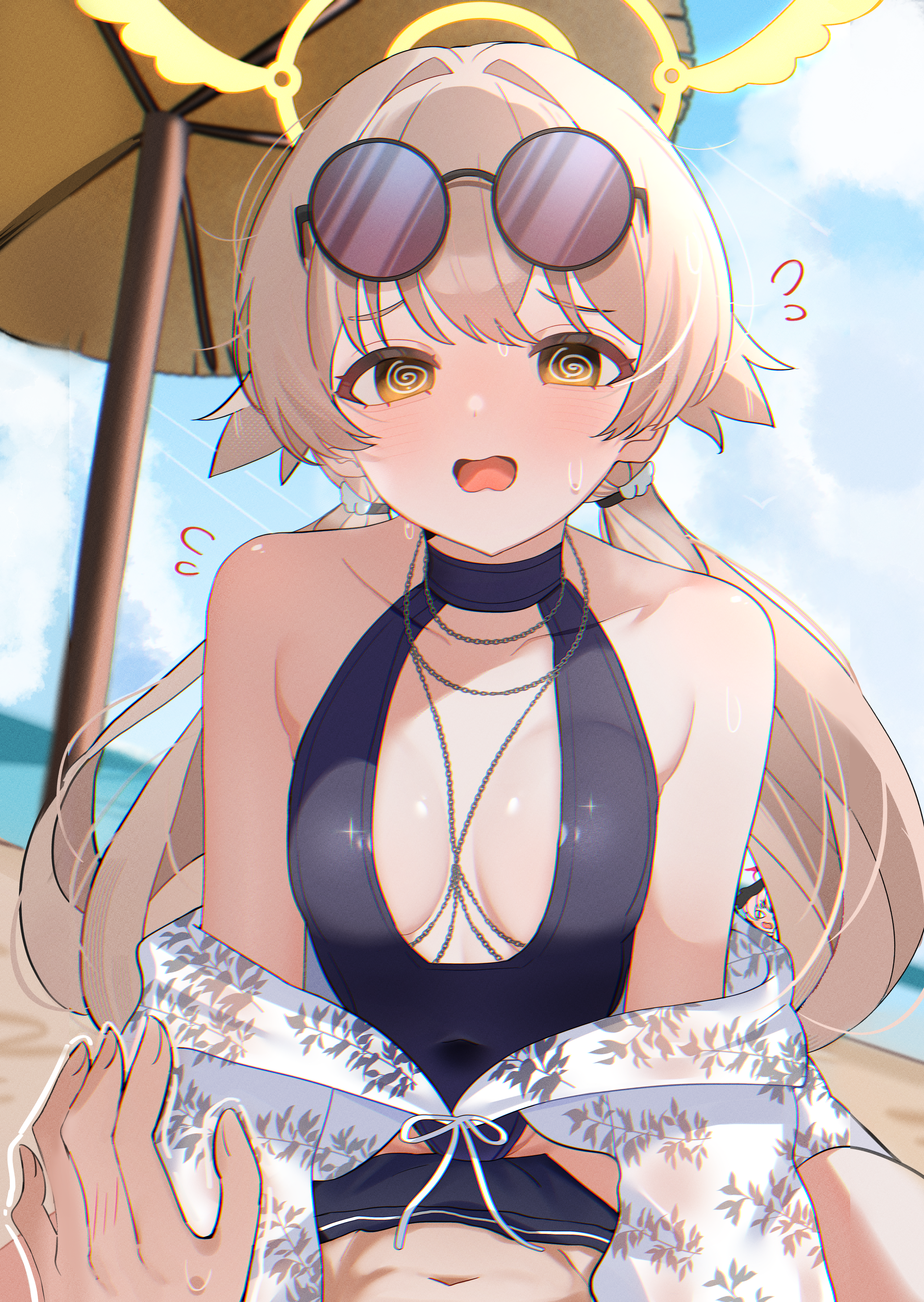 :o, @ @, 1boy, 1girls, bare shoulders, beach, before sex, blonde hair, blue archive, blush, boxers, breasts, cowgirl position, embarrassed, eyewear on head, female, female focus, flustered, groin, hifumi (blue archive), long hair, looking at viewer, outdoors, outside, shusuchii, small breasts, sunglasses, sweat, swimsuit, tied hair, tight clothing, trembling, twintails