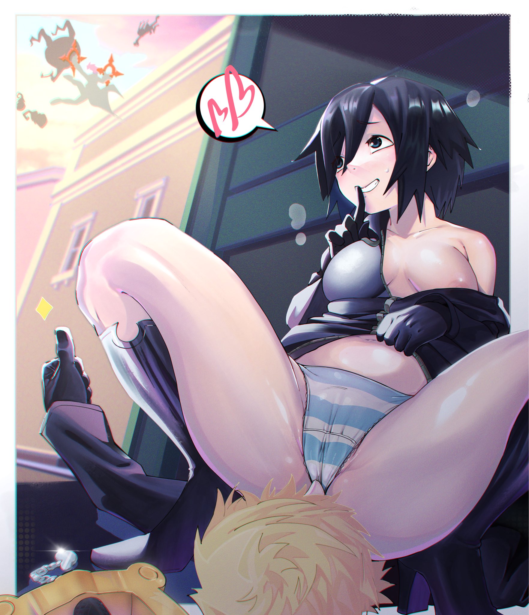 1boy, 1girls, areolae, ass, ass focus, axel (kingdom hearts), belly, belly button, black hair, black-haired female, blonde hair, blonde-haired male, blue eyes, boots, breasts, cameltoe, clavicle, exposed breasts, exposed shoulders, facesitting, gloves, jacket, jacket partially removed, kingdom hearts, kneehigh boots, large breasts, nipple slip, nipples, panties, pulling clothing, pulling skirt, roxas, shoulders, skirt lift, spaghett8, spaghetto087, stealth cunnilingus, stealth facesitting, stealth sex, striped panties, stripes, thick thighs, thighs, thighs bigger than head, trying to be quiet, xion