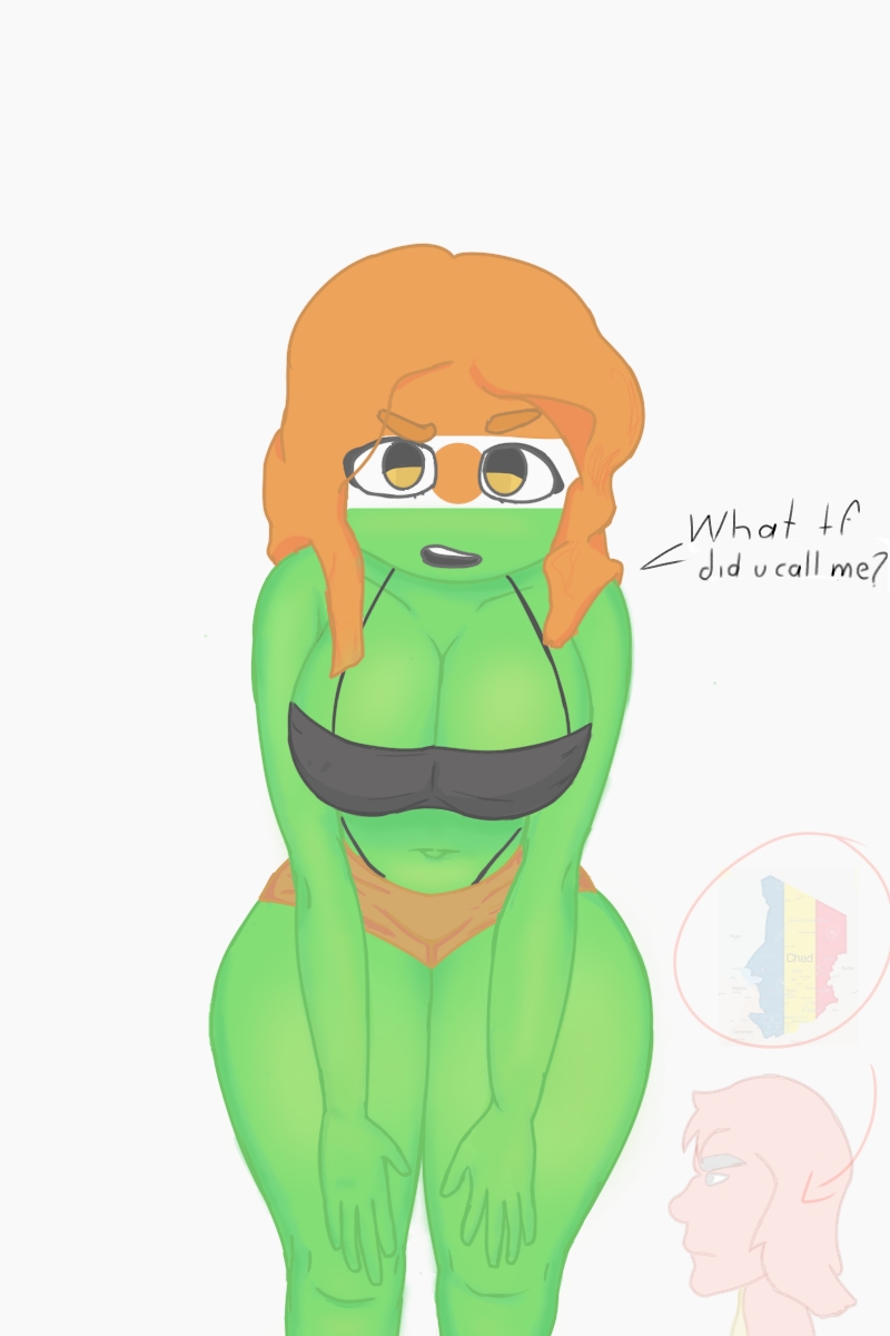 1boy, 1girls, angry, angry expression, ass, barely clothed, big ass, big breasts, black panties, chad (countryhumans), countryhumans, countryhumans girl, crouching, crouching female, elecaust, green body, green skin, hands on knees, niger (countryhumans), orange hair, shorts, text, thick thighs, thighs together, visible underwear, yellow eyes