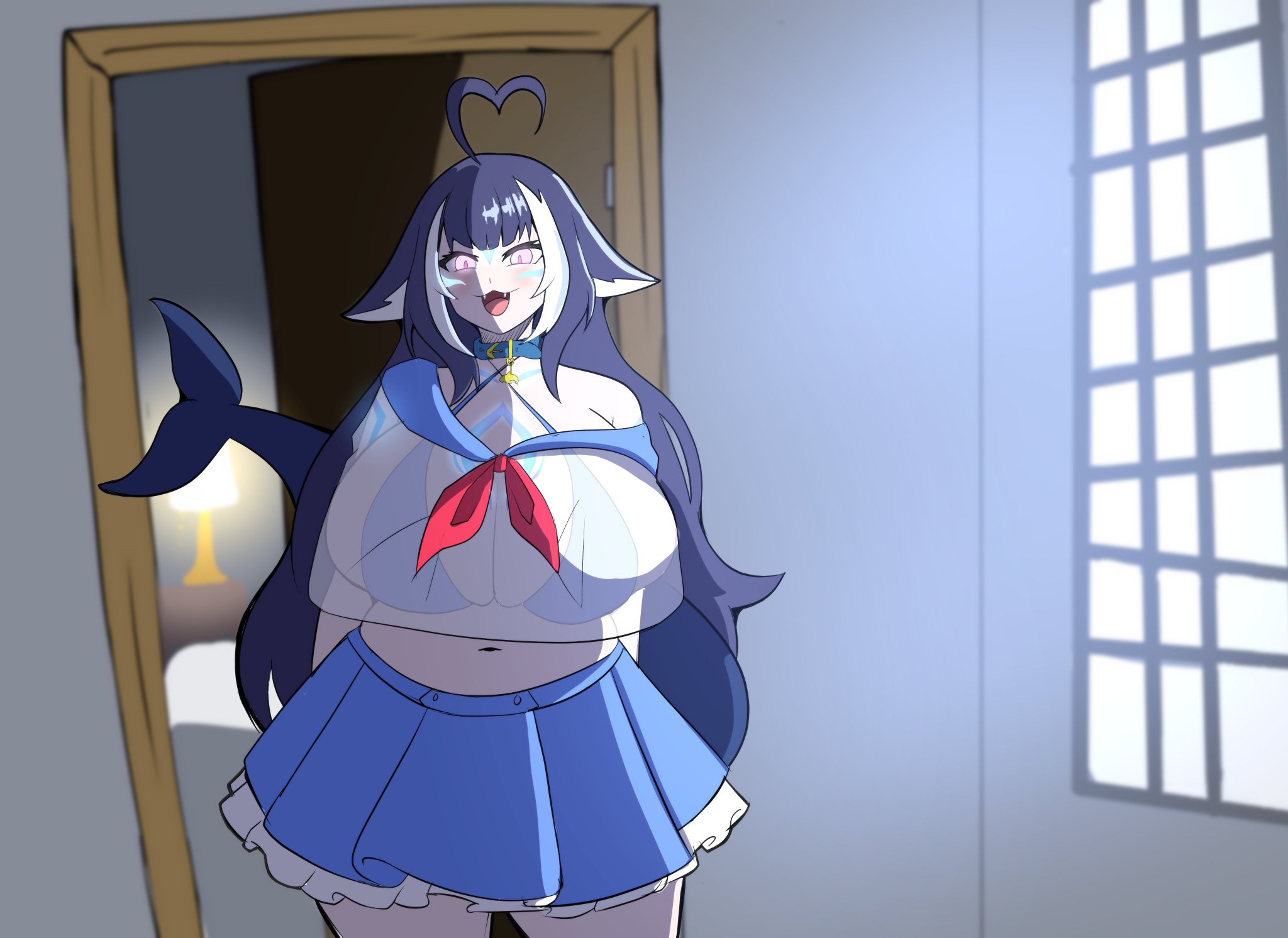1girls, ahoge, azzytheslime, bedroom, big ass, big boobs, big breasts, big butt, bigger than her head, bikini, bikini under clothes, blue bikini, blue hair, blue skirt, blush, bow, breasts, breasts bigger than head, cetacean tail, doorway, facial mark, fins, fish tail, gigantic ass, gigantic boobies, gigantic breasts, gigantic butt, gigantic nipples, gigantic titties, glowing, glowing eyes, happy, huge ass, huge breasts, long hair, looking at viewer, mega breasts, midriff, multicolored hair, navel, open mouth, orca girl, pink eyes, red bow, see-through clothes, shirt, short sleeves, shylily, sidelocks, skirt, solo, swimsuit, tail, thick thighs, tits, virtual youtuber, white hair, white shirt, wide hips, window