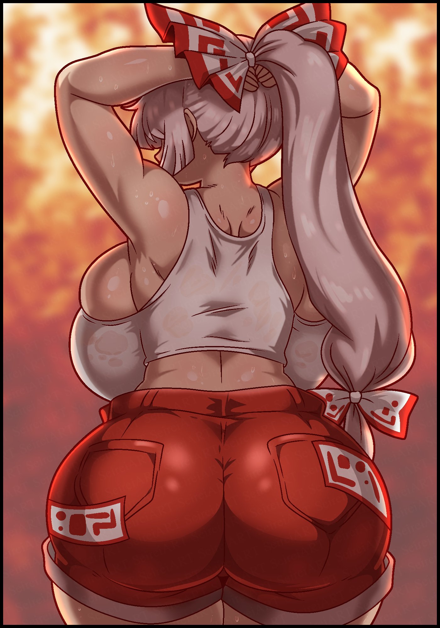 1girls, ass, back view, big breasts, bit ass, breasts, female, female only, fujiwara no mokou, hair ribbon, light skin, light-skinned female, ponytail, seireiart, shorts, touhou, white hair