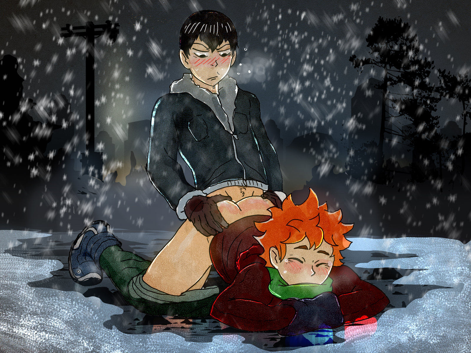2boys, anal, anma, ass, background, beige penis, beige skin, black hair, blush, color, haikyuu!!, human, male, male only, multiple boys, multiple males, night, on stomach, orange hair, outdoors, penis, public, short hair, shoyo hinata, snow, tan penis, tan skin, tobio kageyama, yaoi