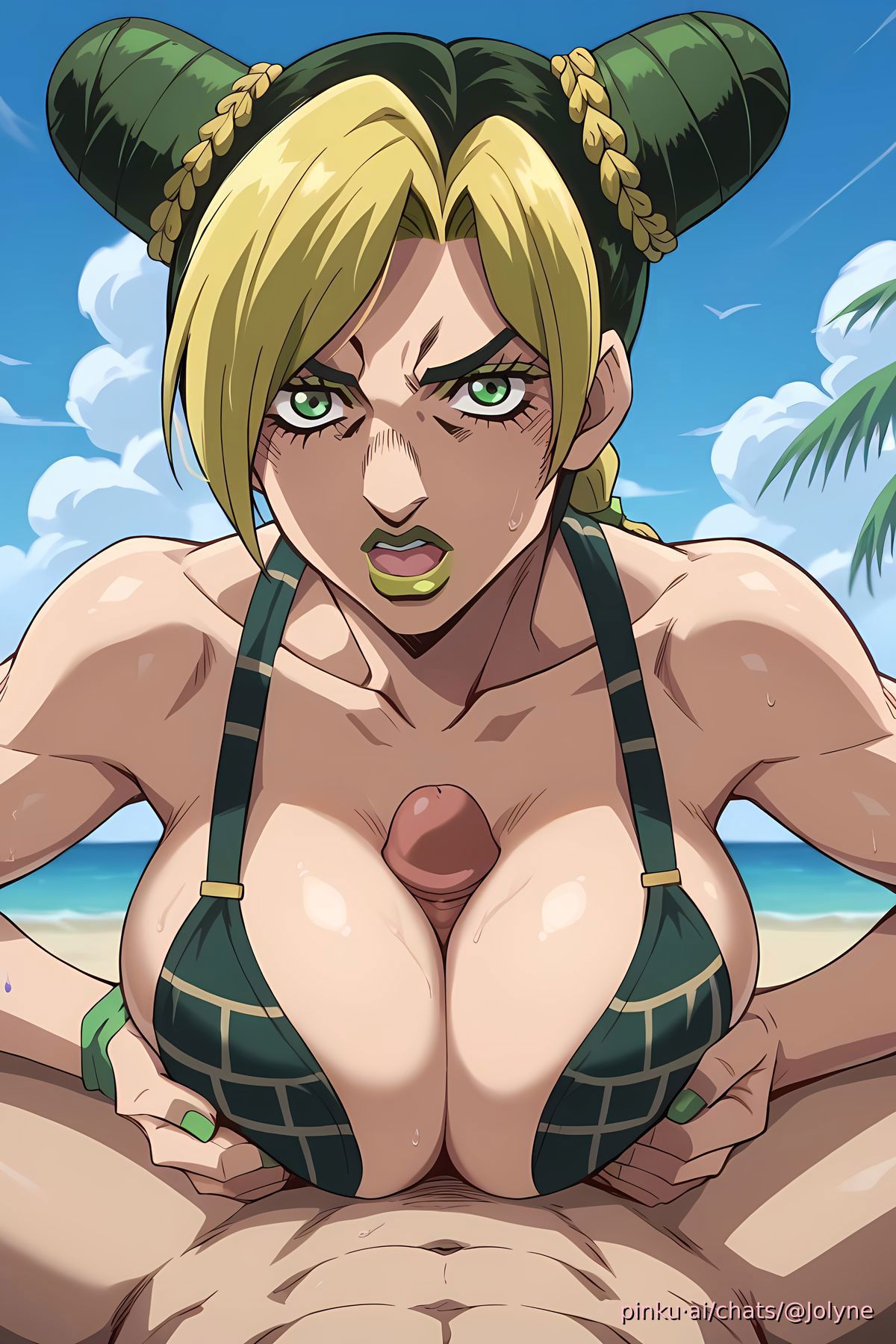 1boy, 1girls, ai art, ai generated, breasts, female, green hair, green lipstick, green nails, jojo's bizarre adventure, jolyne kujo, large breasts, male, paizuri, penis, pinku, pinku.ai, pinkuai, titjob