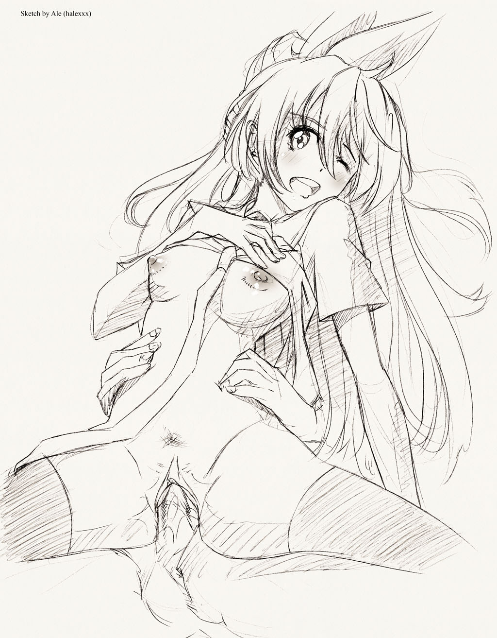 ale_(ale_halexxx) breasts hair_ribbon hands_on_stomach holding_stomach ichijou_raku kirisaki_chitoge nipples nisekoi one_eye_closed penetration penis pubic_hair pussy_juice reverse_cowgirl_position shirt_lift sketch straight thighhighs uncensored vaginal_penetration