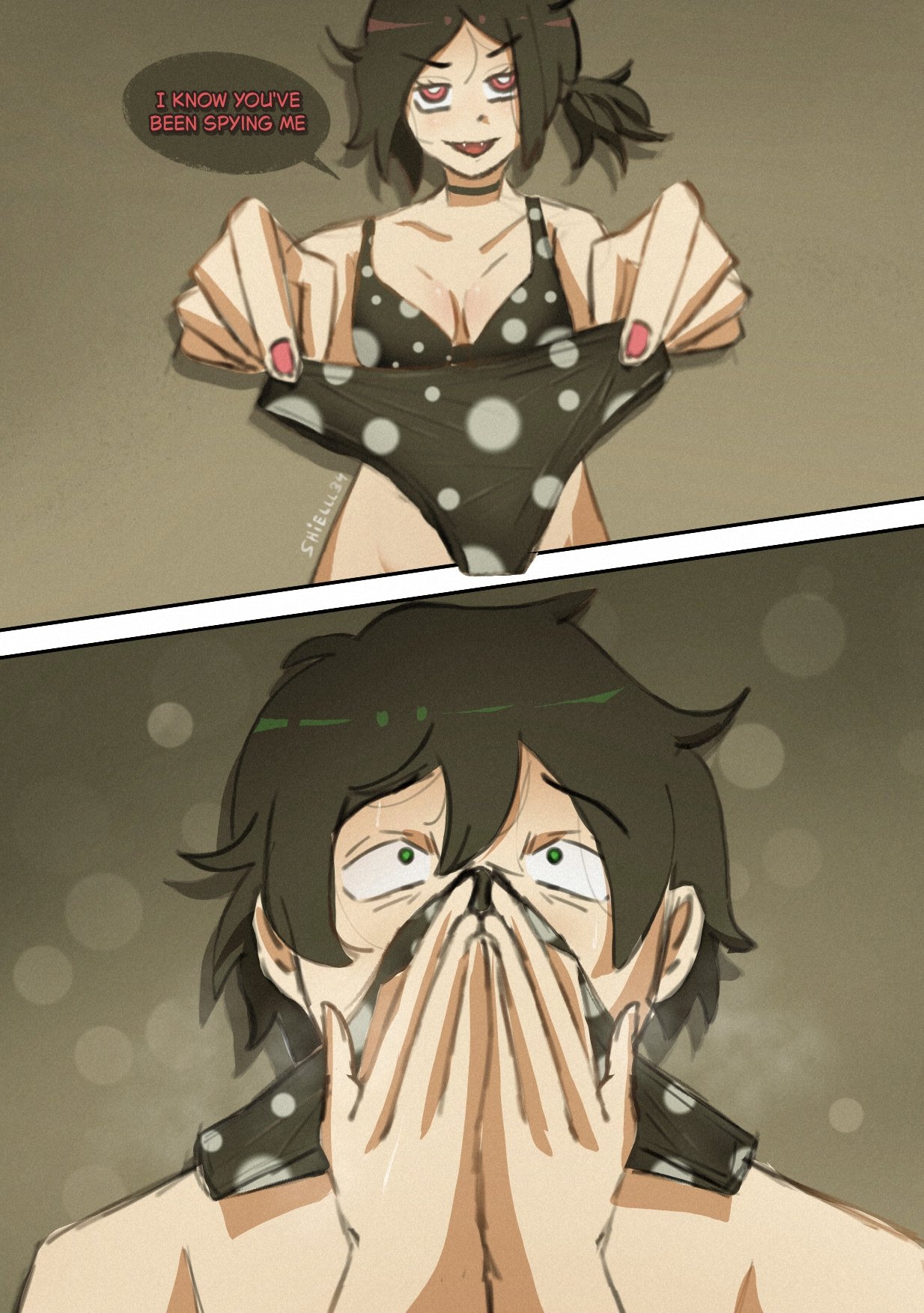 1boy, 1girls, 2d, andrew graves, ashley graves, black hair, breasts, brother and sister, choker, dialogue, english text, female, green eyes, higuruma reaction image, incest, male, offering underwear, panties, panties on face, pink eyes, ponytail, shielll34, siblings, sniffing panties, sniffing underwear, straight, the coffin of andy and leyley, underwear