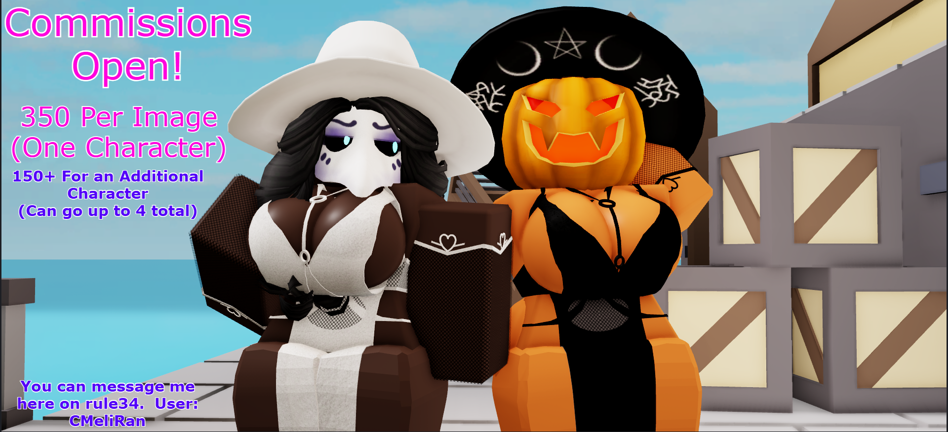 3d, ass, big ass, big breasts, black hair, breasts, cleavage, clothing, comet (cometrr34), cometrr34, commissions open, dark-skinned female, dress, english text, female, hat, mask, orange body, outdoors, plague doctor, pumpkin, pumpkin head, roblox, roblox avatar, robloxian, standing, tagme, text, thick thighs, thighs