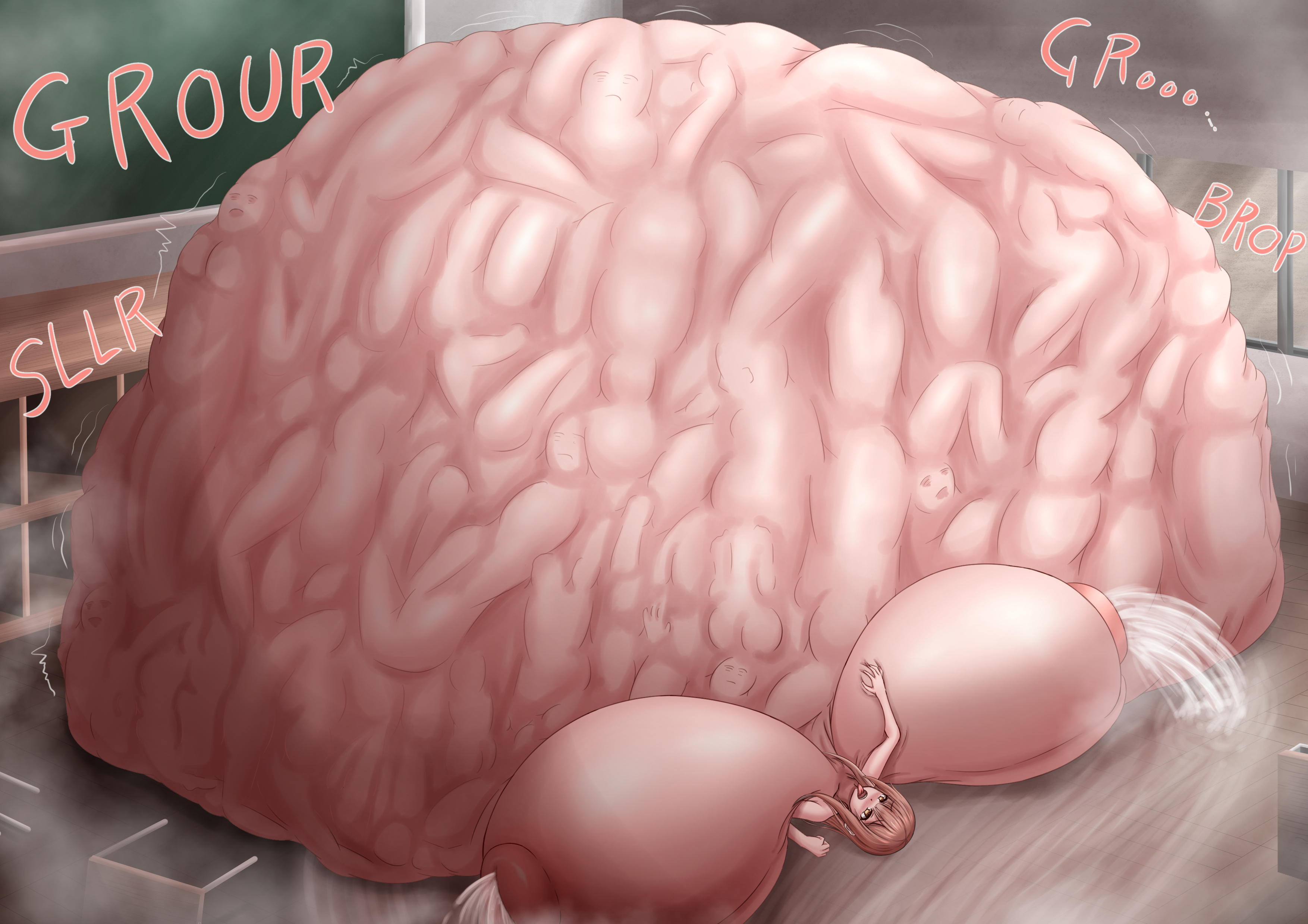 2024, aroused, breast expansion, brown hair, classroom, colossal belly, female pred, gigantic breasts, heavy breathing, hyper, hyper breasts, immobile, in heat, lactation, long hair, lying, lying on back, mass vore, multiple prey, open mouth, pleasure, struggling prey, tongue out, vore, vore66291335
