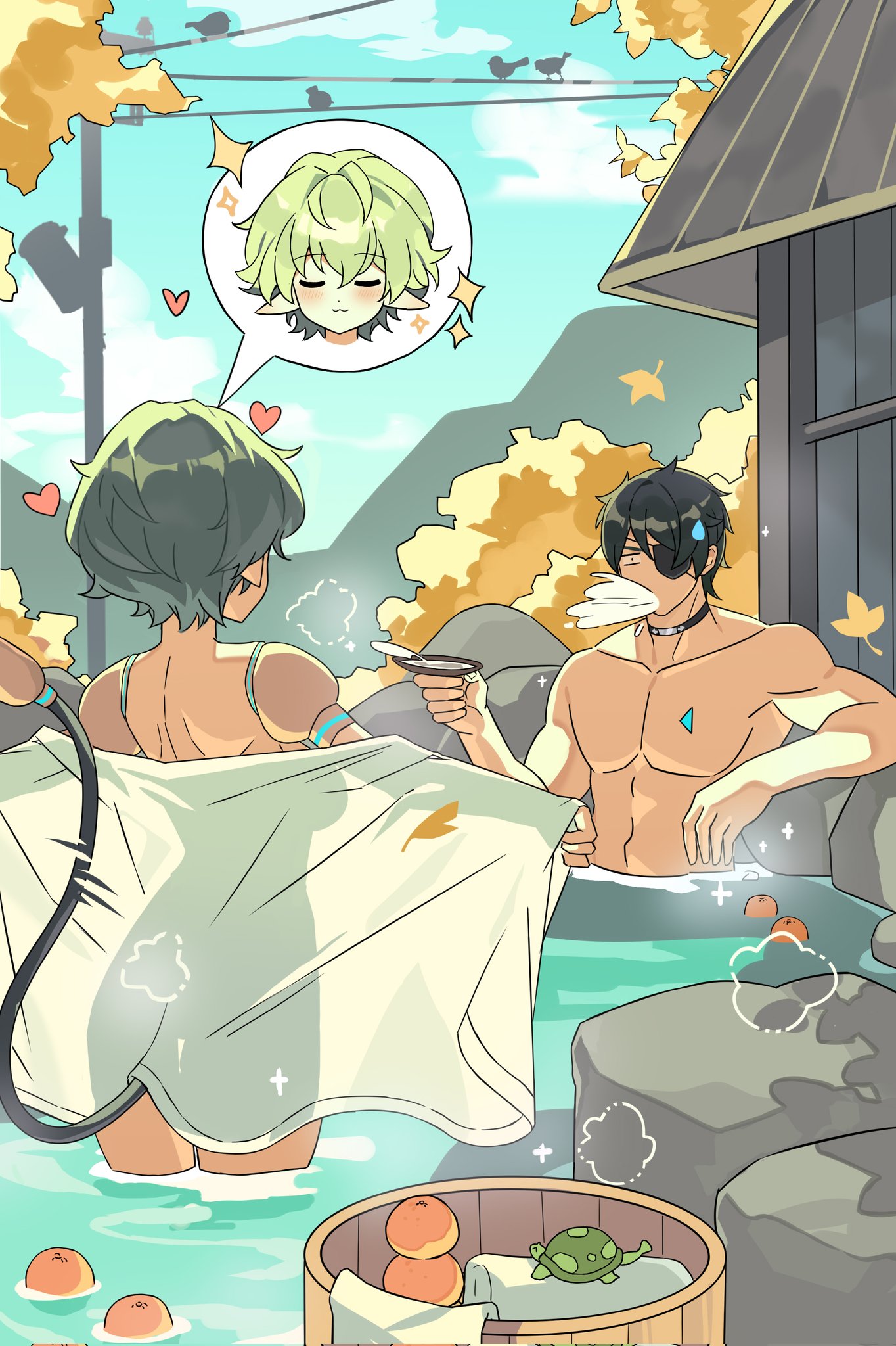 1boy, 1girls, assertive female, back, back muscles, back view, bath, bathing, bathing together, blade (xenoblade), blush, breasts, cat smile, choker, choker only, closed eyes, completely nude, completely nude female, confident, confident female, confident smile, confidently naked, convenient censoring, core crystal, eyepatch, female, flashing, flashing breasts, flashing pussy, green hair, heart, hearts around head, in water, male, muscular, muscular male, nude, nude female, nude male, onsen, outdoor bathing, outdoor nudity, outdoors, pandoria (xenoblade), pointy ears, presenting, presenting breasts, presenting self, sake, sake dish, see-through, see-through towel, short hair, silhouette, silhouetted body, slender body, slender waist, smug, smug face, smug smile, spit take, spitting, stephanieh81080, submerged, submerged legs, sweatdrop, tail, thigh gap, thighs, towel, towel only, turters, xenoblade (series), xenoblade chronicles 2, zeke von genbu (xenoblade)