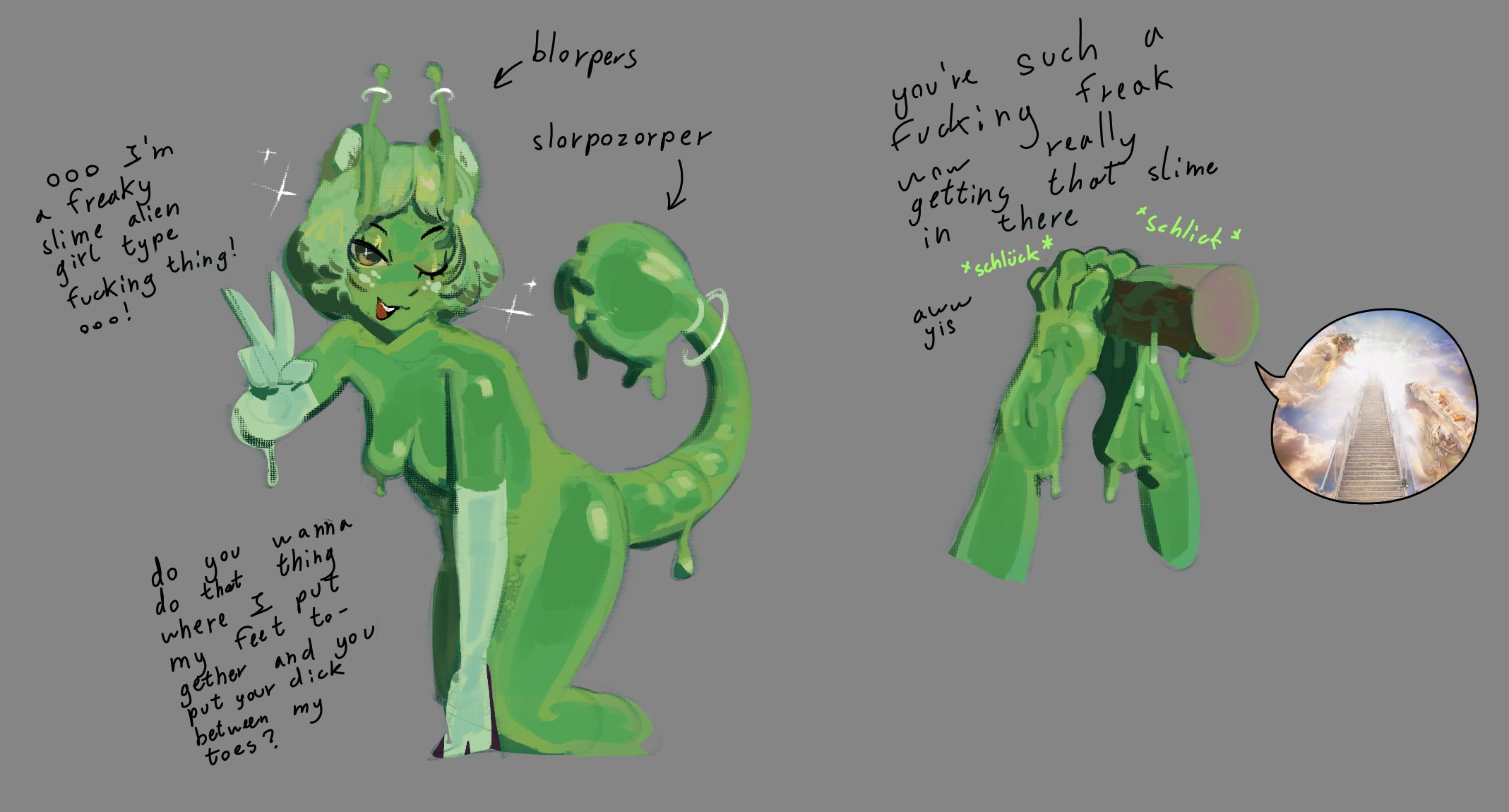 1girl, 1girls, alien, alien girl, alien humanoid, animal ears, antennae, antennae (anatomy), anthro, evening gloves, feet, feet fetish, foot fetish, footjob, gloves, green body, green hair, humanoid, long gloves, pekorelle, slime, slime (substance), slime girl, slime monster, sloppy, sound effect, tail